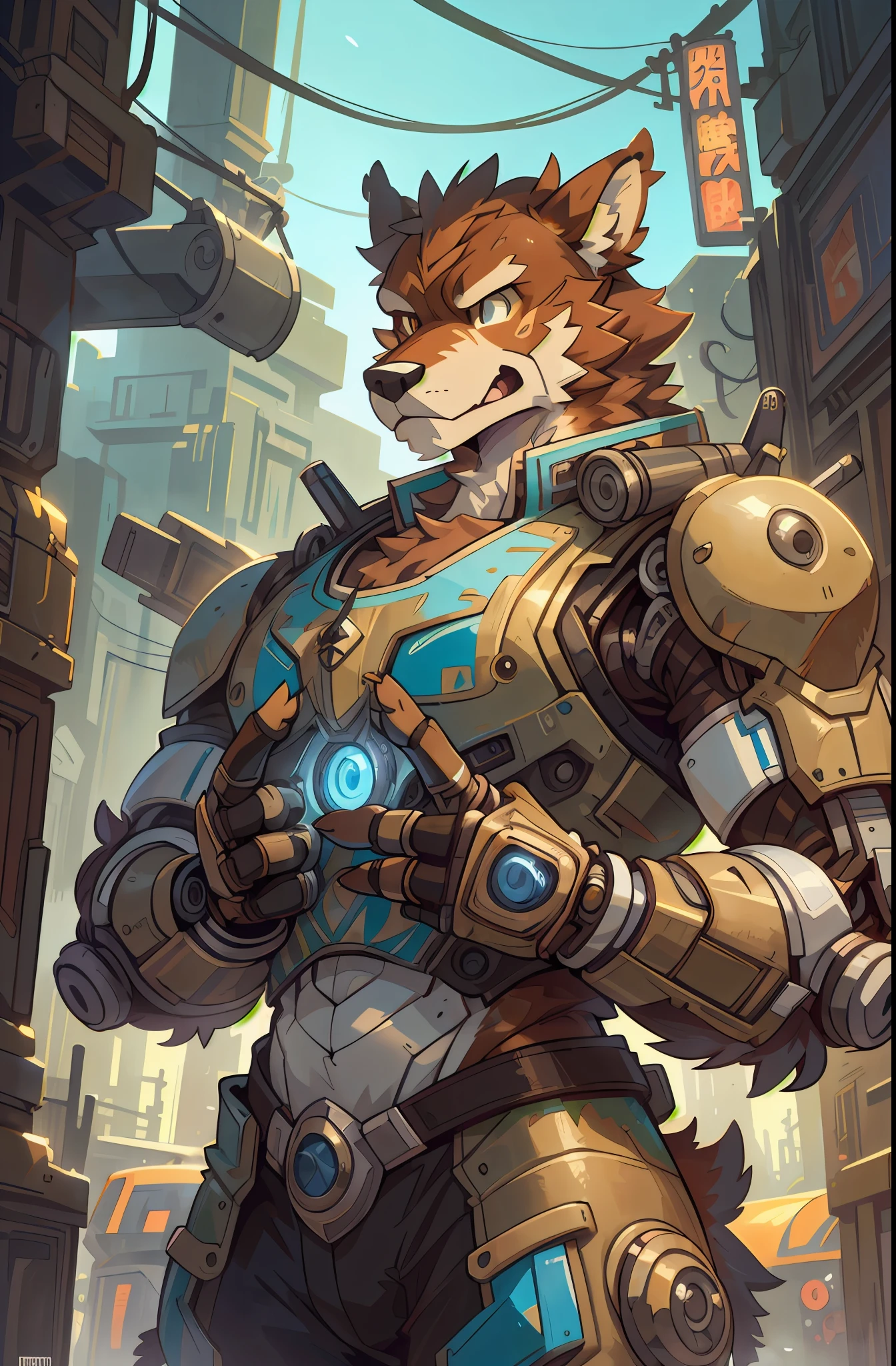 top quality, High-quality illustrations by Johannes Vermeer, masterpiece, Dark_Fantasy, Cyberpunk, steam punk(super handsome boy, single, kemono)Mechanical marvel, Robotic presence, Cybernetic guardian, wearing a worn-out mech suit, intricate(steel metal, rusty)(furry anthro:1.7)(Furry body, dog facial features, dog body features)elegant, clear focus, shot by greg rutkowski, soft lighting, vibrant colors, masterpiece((street))cowboy shot, dynamic pose,