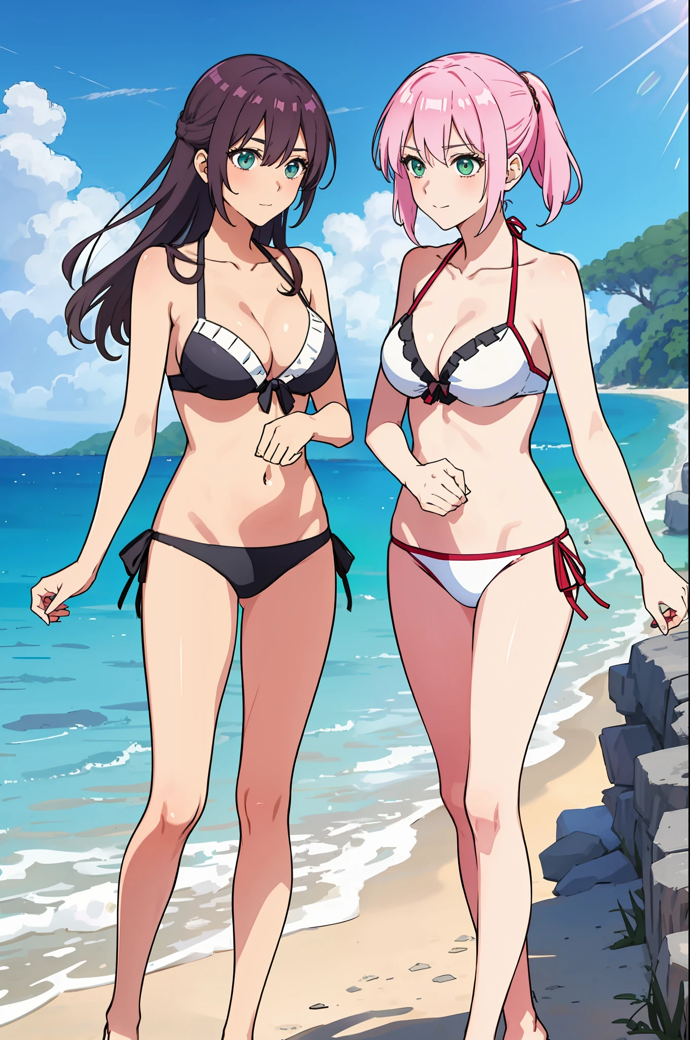 shikimori, medium breast, slim legs, , side tie bikini, sunny day, Beach, standing, beautiful eyes, green eyes, nervous