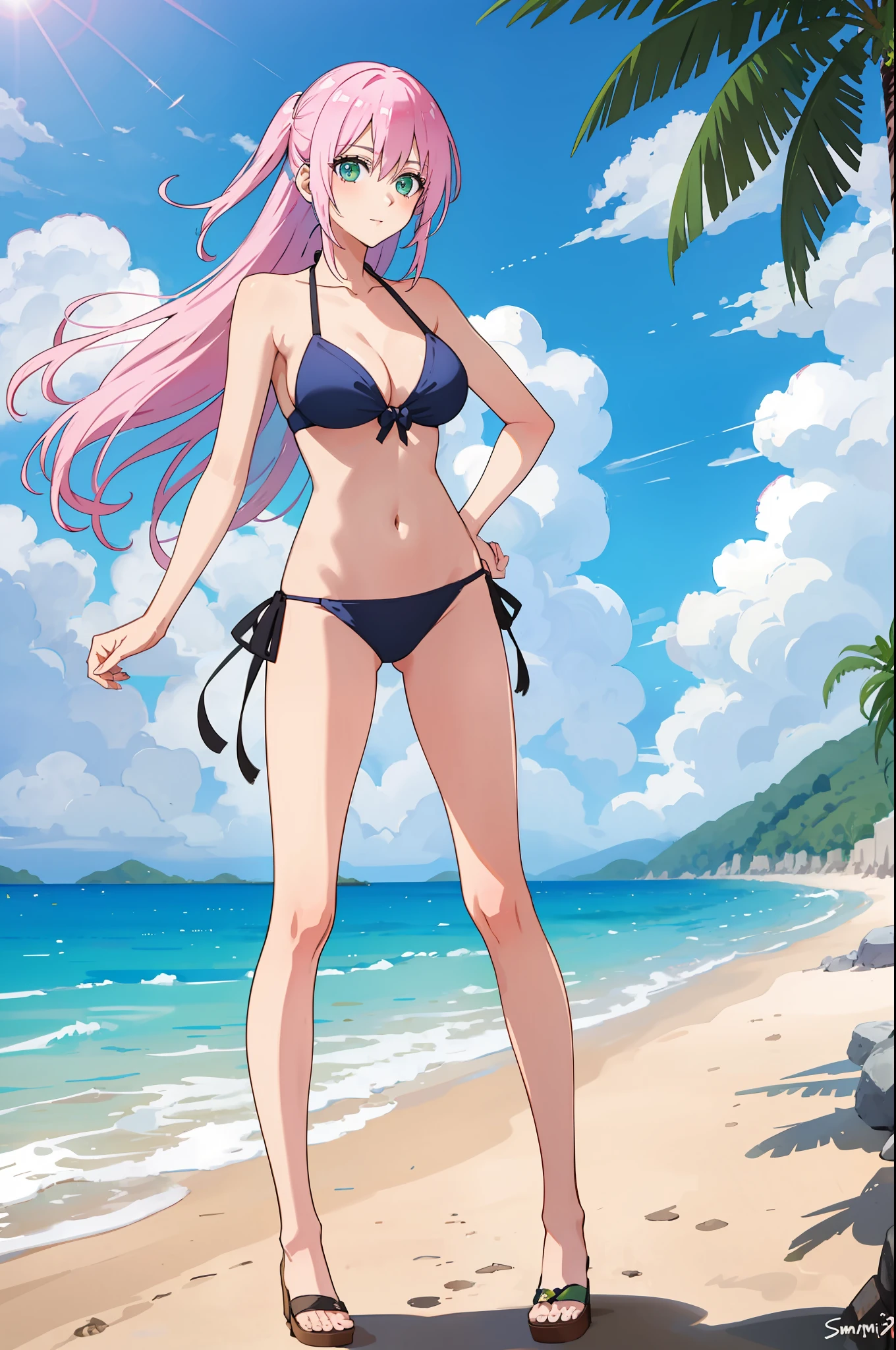 shikimori, medium breast, slim legs, , side tie bikini, sunny day, Beach, standing, beautiful eyes, green eyes, nervous