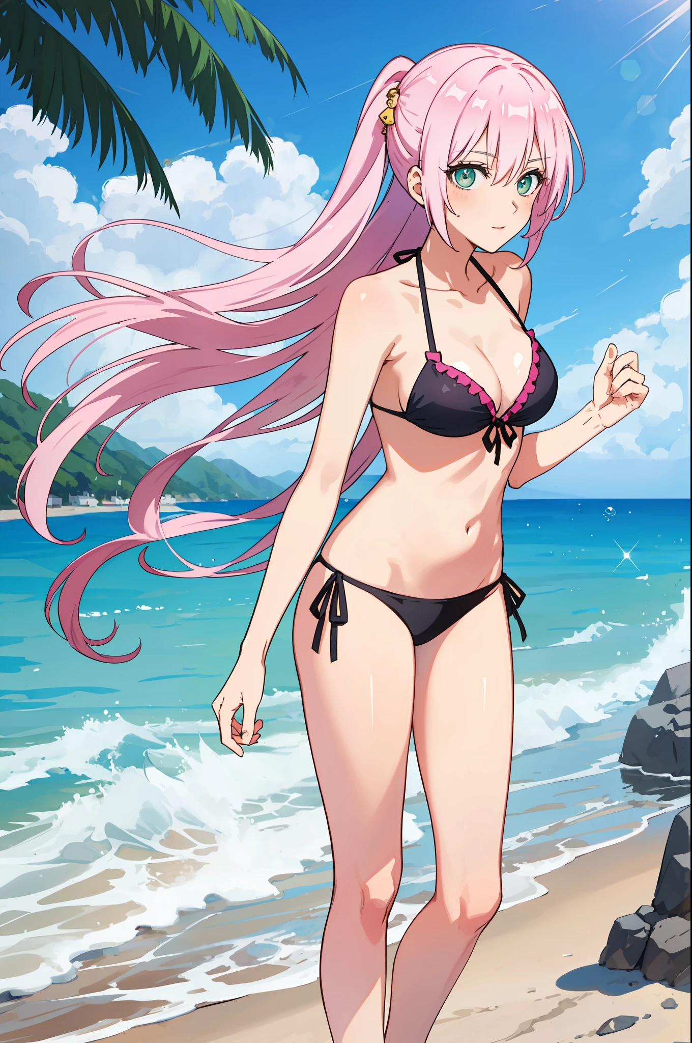 shikimori, medium breast, slim legs, , side tie bikini, sunny day, Beach, standing, beautiful eyes, green eyes, nervous