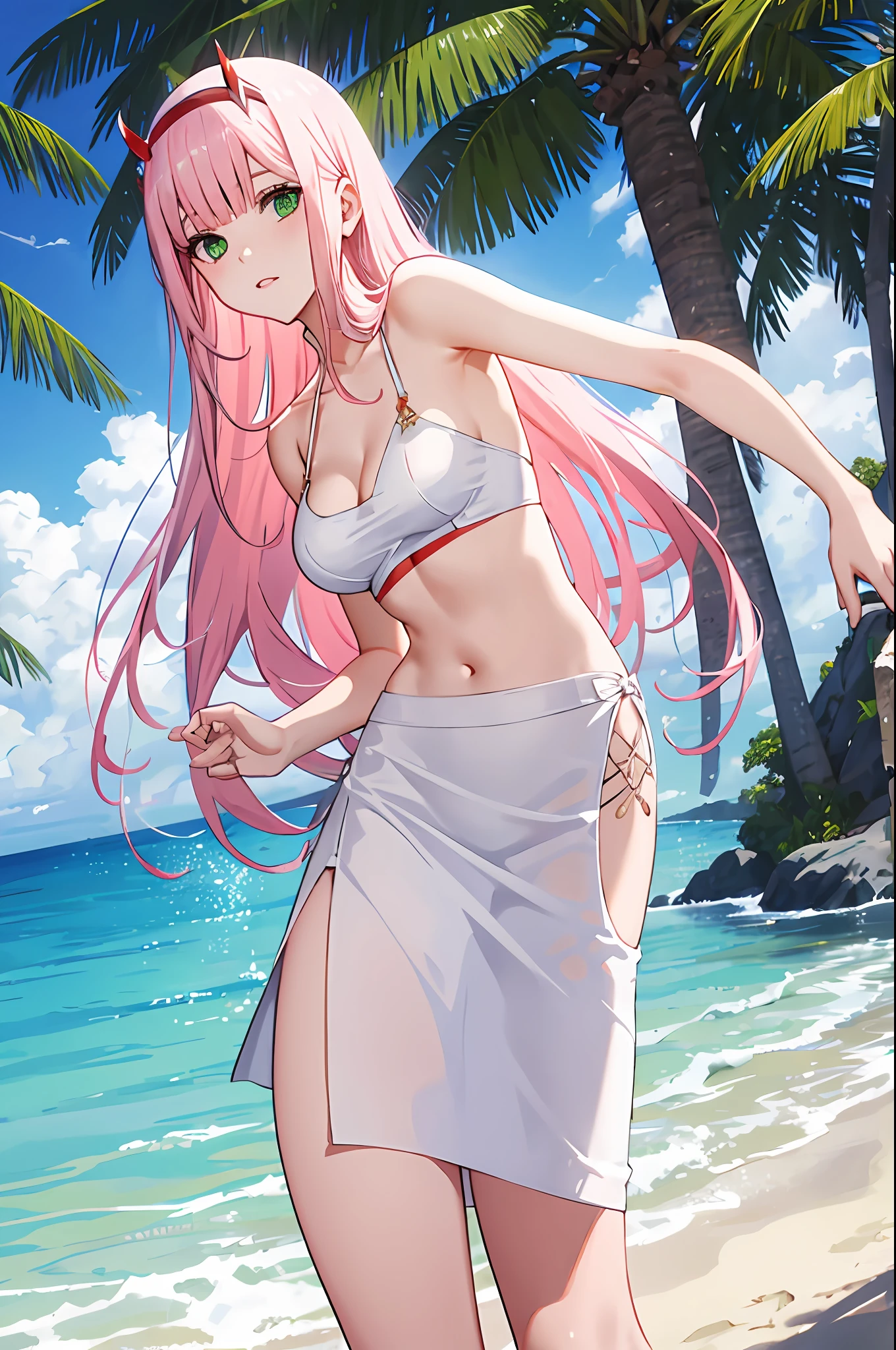 zero two, white gown, medium breast, navel, slim legs, sunny day, Beach, leaning, beautiful eyes, green eyes, nervous