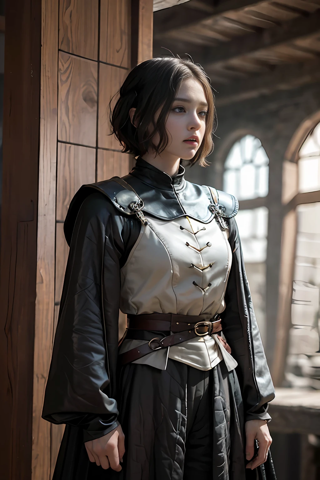 uma mulher jovem com cabelo preto, Estilo Game of Thrones,((corte de cabelo pixie)), medieval, Macho, androgynous, guerreiro de roupas masculinas