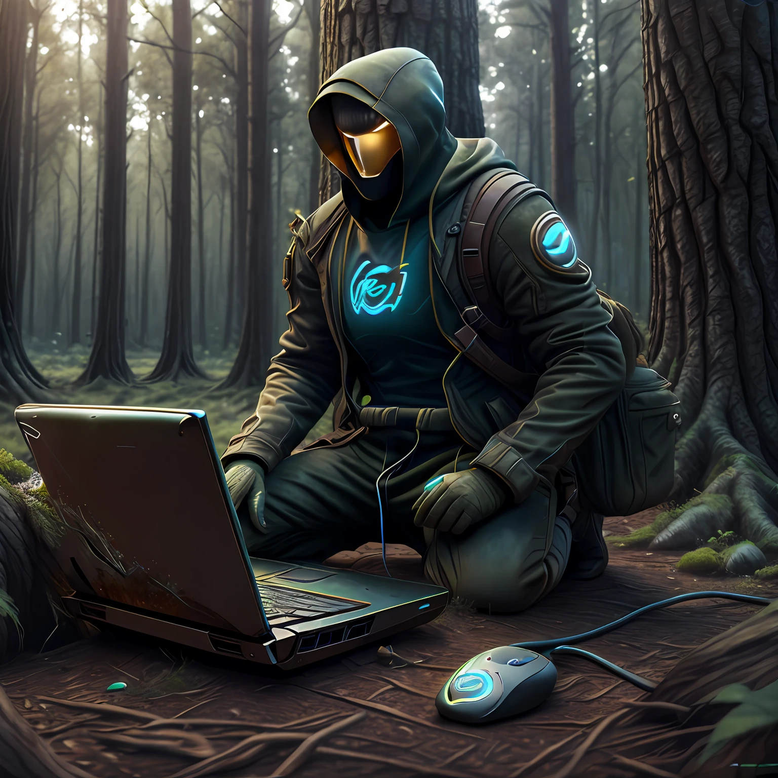Un hacker encapuchado, with hearing aids, trabajando en una laptop alienware viendo un bosque, fullbody, hiperrealista, obra maestra.
