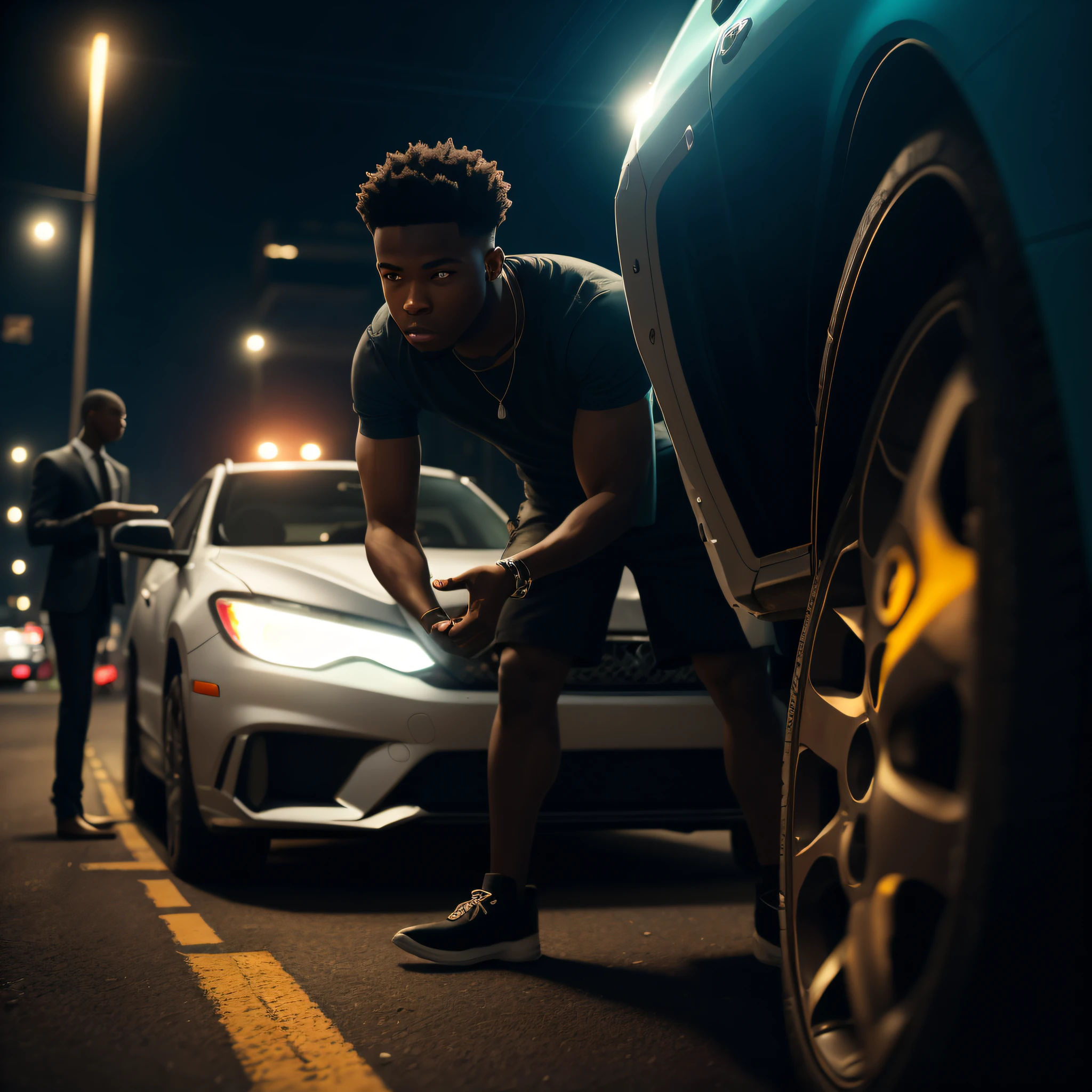 In a cinematic scene, a young African American man of 20 years old is shown about to steal a catalytic converter off a parked car in a movie, Hyper-realistic photograph, captured by a phantom high-speed camera, deep depth of field, bokeh effect, chiaroscuro --style raw --ar 16:9 --auto