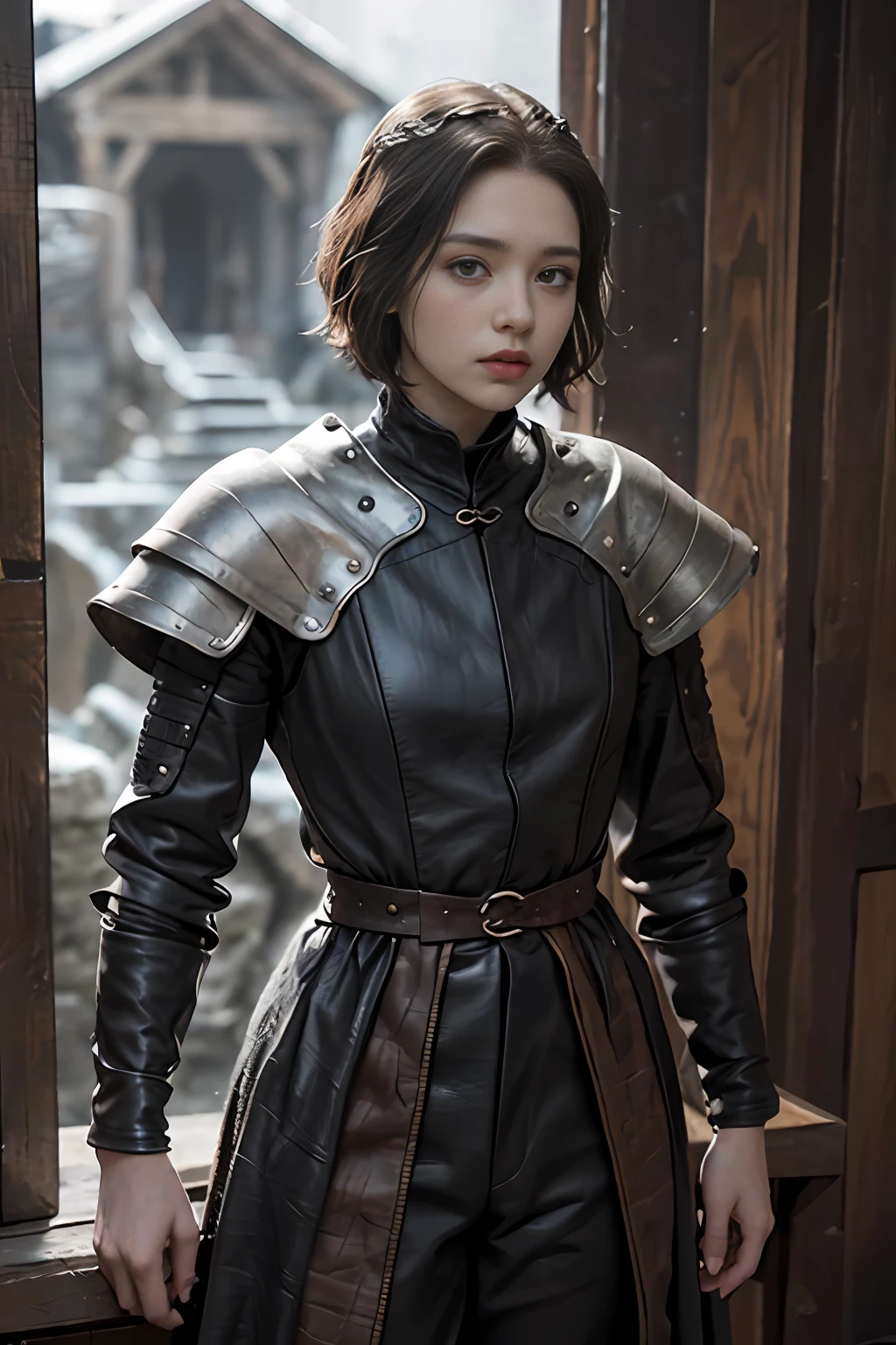 uma mulher jovem com cabelo preto, Estilo Game of Thrones,((assymetrical (Cabelo))), medieval, Macho, androgynous, guerreiro de roupas masculinas