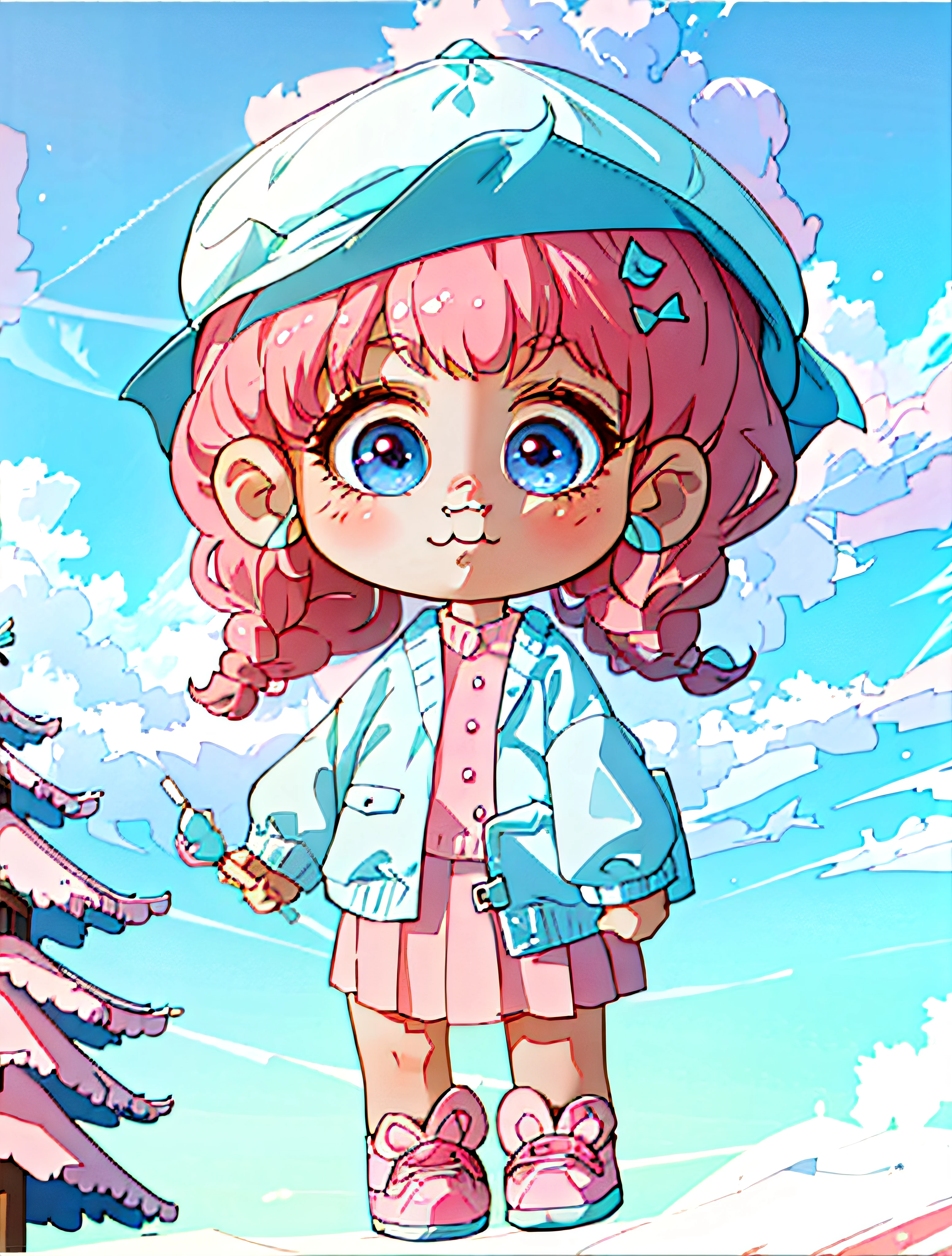 (Painting style:Cartoony, Soft light blue)One was wearing white shoes、white pantie，Little loli girl with pink hat and pink clothes，She wears a coat，The hair is brown；(quality：3D, C4D, ultra high def, HighestQuali, High Accuracy, 8K, the real deal)