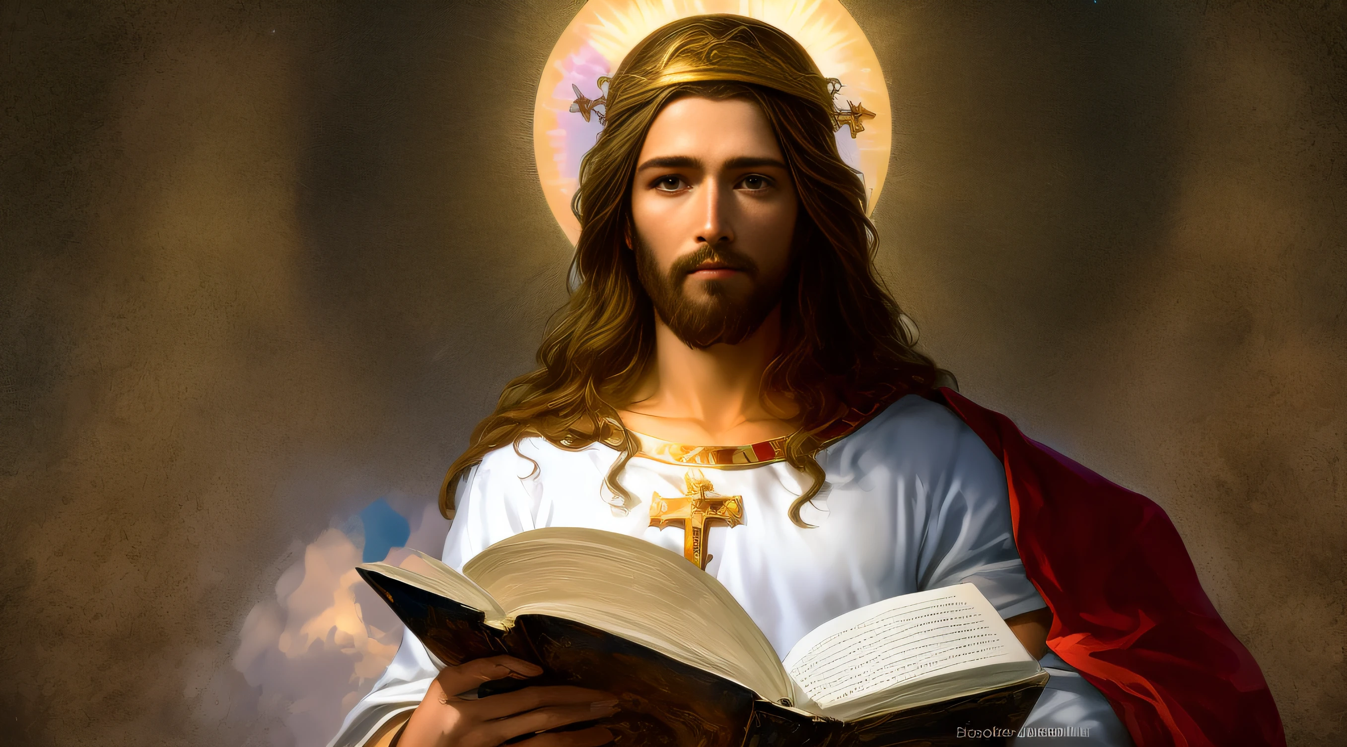 imagem de um homem com uma coroa e um livro, Retrato de um Deus Celestial, Jesus Cristo, Jovem Deus Todo-Poderoso, reino divino dos deuses, Rei dos Reis, deus divino, biblical accurate angel, Retrato de Jesus Cristo, Jesus, queen of heaven, imagens sagradas, imagens religiosas, bible illustration, arte conceitual de deus, fan art, catholic religious art