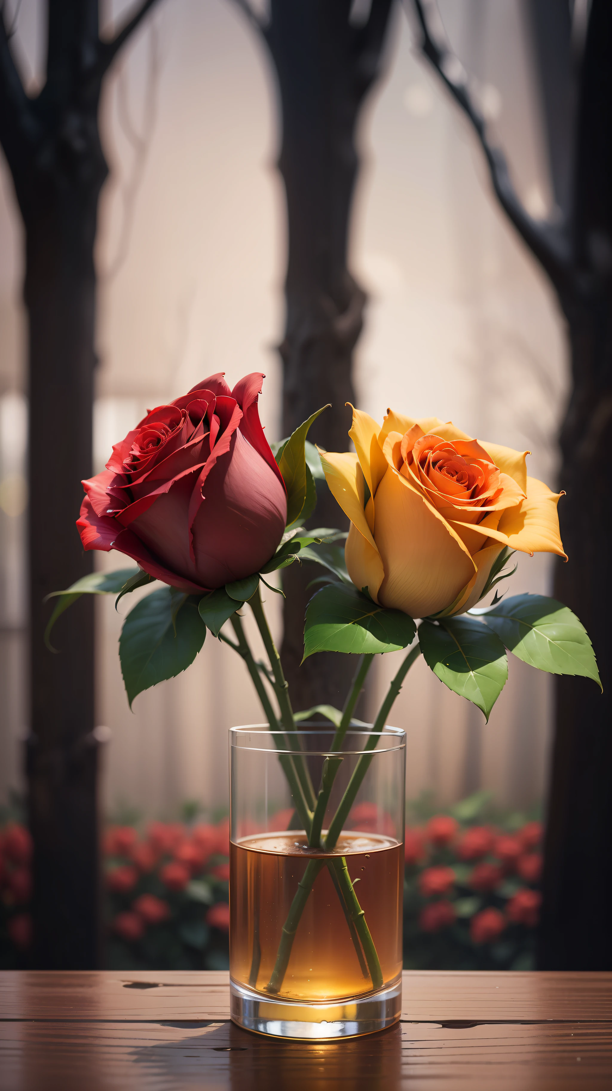 Three red roses, three yellow roses in tree,rose,dark background,high resolution,high quality