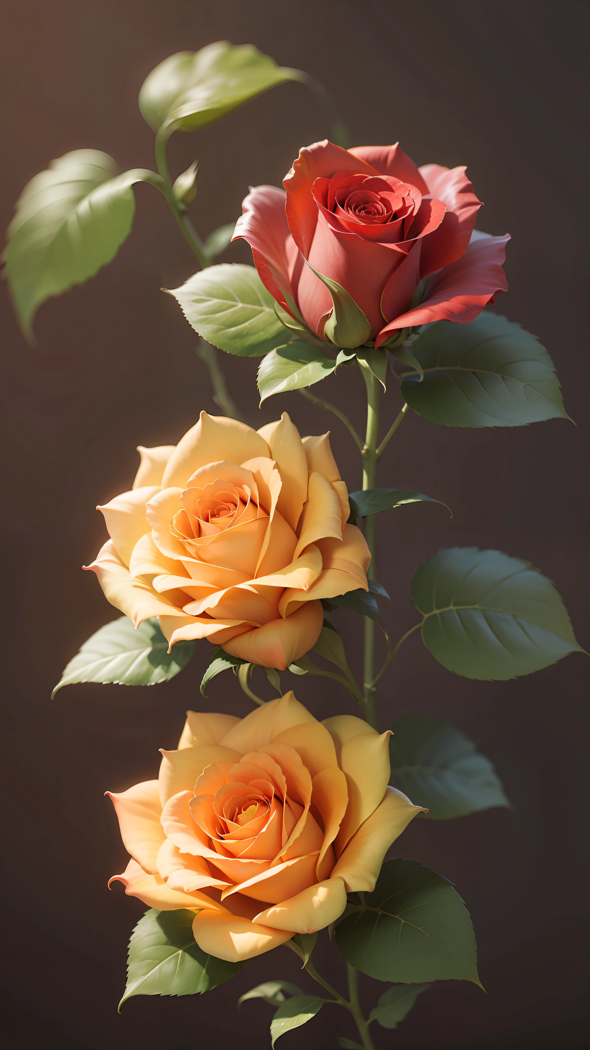 Three red roses, three yellow roses in tree,rose,dark background,high resolution,high quality