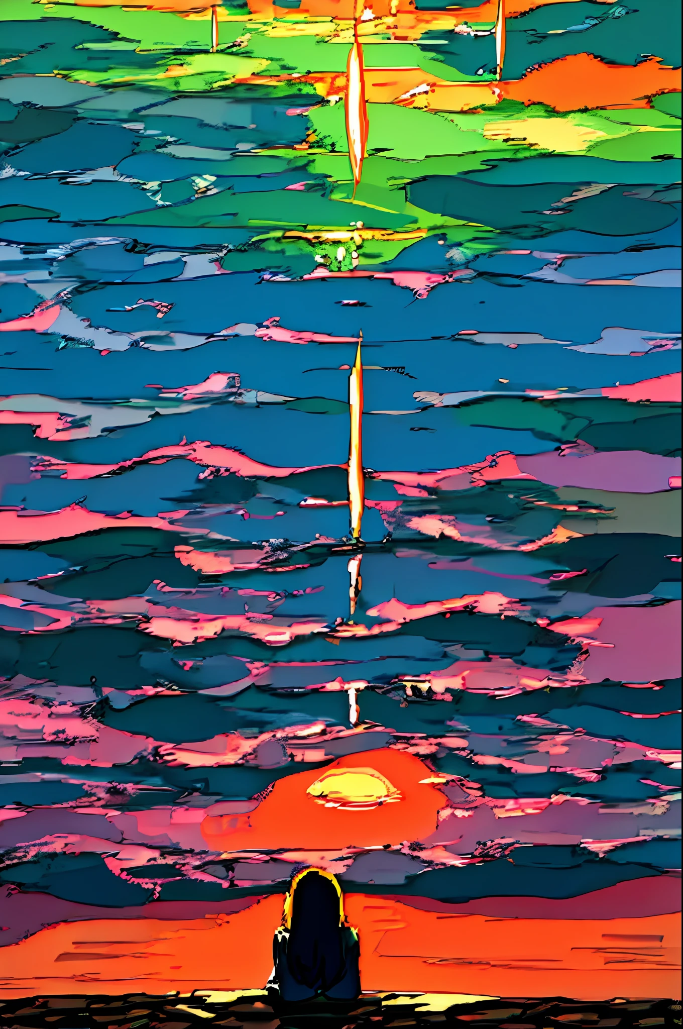 A person watching the situation against the background of lights flying around while glowing fantastically from the seaside
