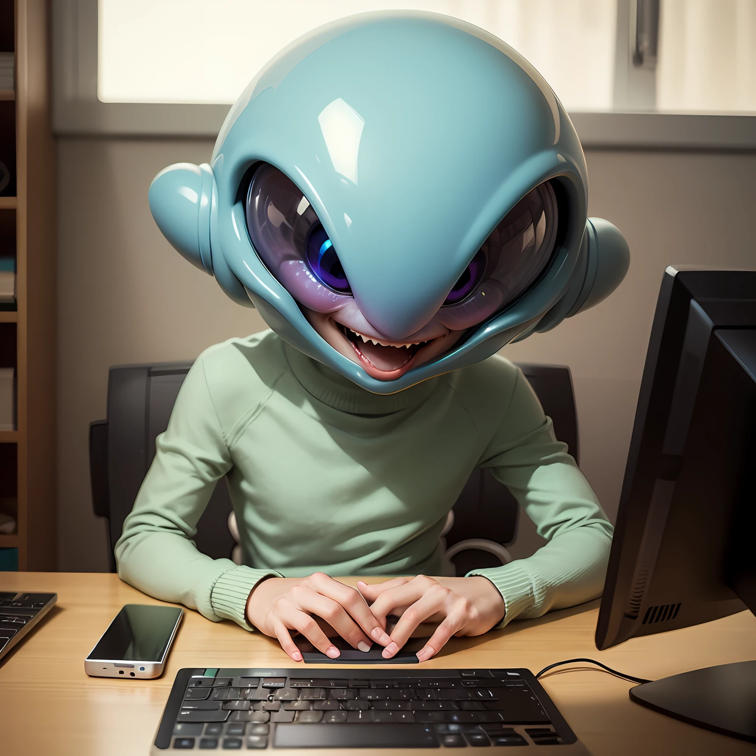 a happy and funny alien playing computer --auto