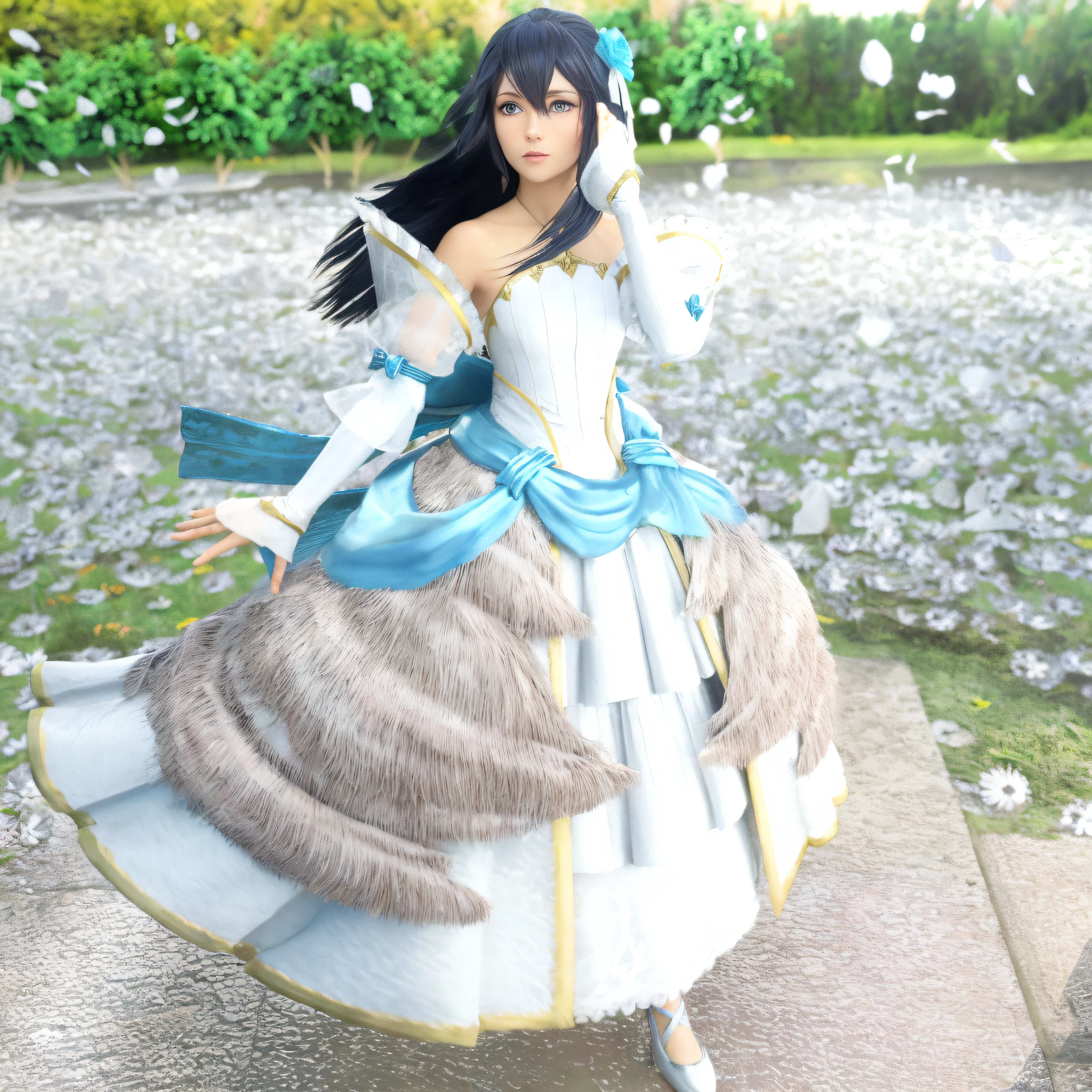 there is a woman in a dress that is standing on a sidewalk, Pose real elegante, Lucina, Pose de lanzamiento de hechizos, Hymn of the King as Pademáscesa, elegant cinematic pose, Textura del albedo, Ahri, de Bravely Default II, Poses elegantes, Negro - Mago de pieles, albedo, Regal Pose, Lucina de Fire Emblem, pure, Ciapurea , hiperrealista , 8k , rostro hermoso , ojos hermosos , Cara hermosa , ojos azules , pelaje azul , 8K , HD , Alta calidad , alta definicion , detalles)