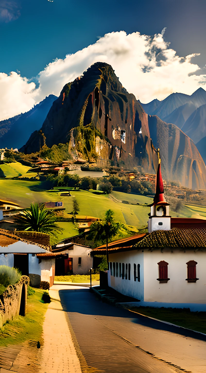 (masterpiece, UHD, photo-realistic:1.4), panoramic view, quaint South American village, nestled in Andean mountain range, 1950s, simple adobe homes, (red tile roofs:1.2), weathered church steeple, narrow cobblestone streets, small lively market, donkey carts, local villagers, colorful traditional attire, early morning, (golden sunlight spilling over mountain peaks:1.3), verdant fields, vintage photo effect, sepia tones, peaceful atmosphere.