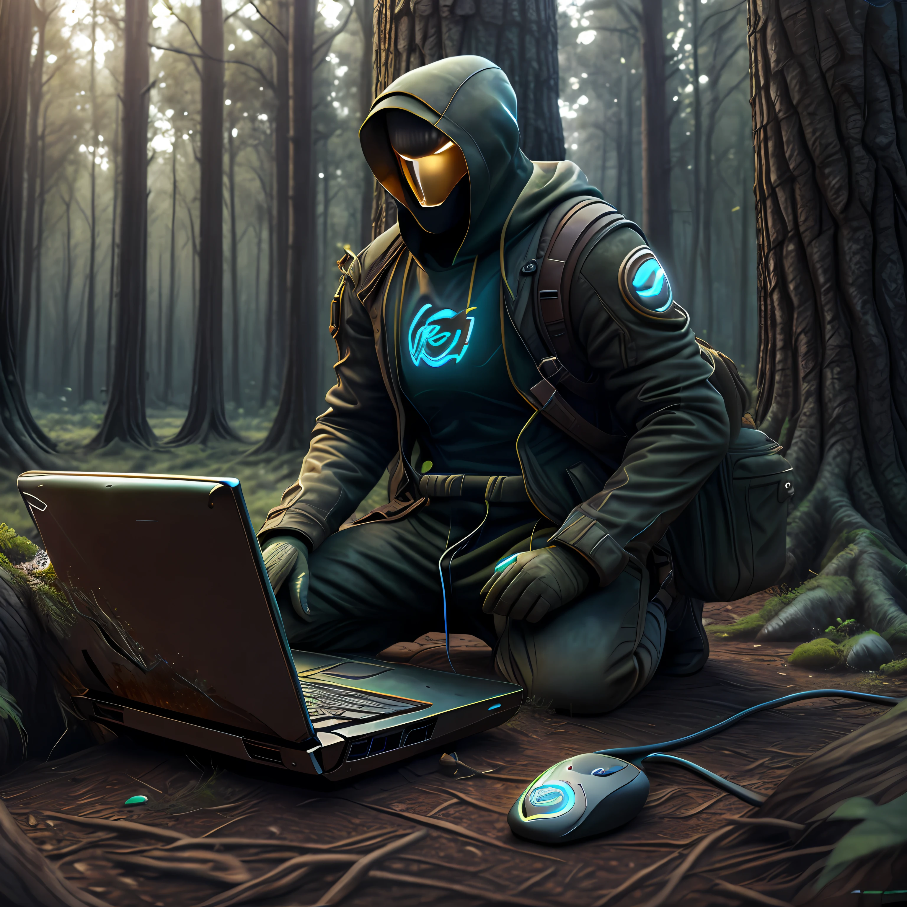Un hacker encapuchado, with hearing aids, trabajando en una laptop alienware viendo un bosque, fullbody, hiperrealista, obra maestra.