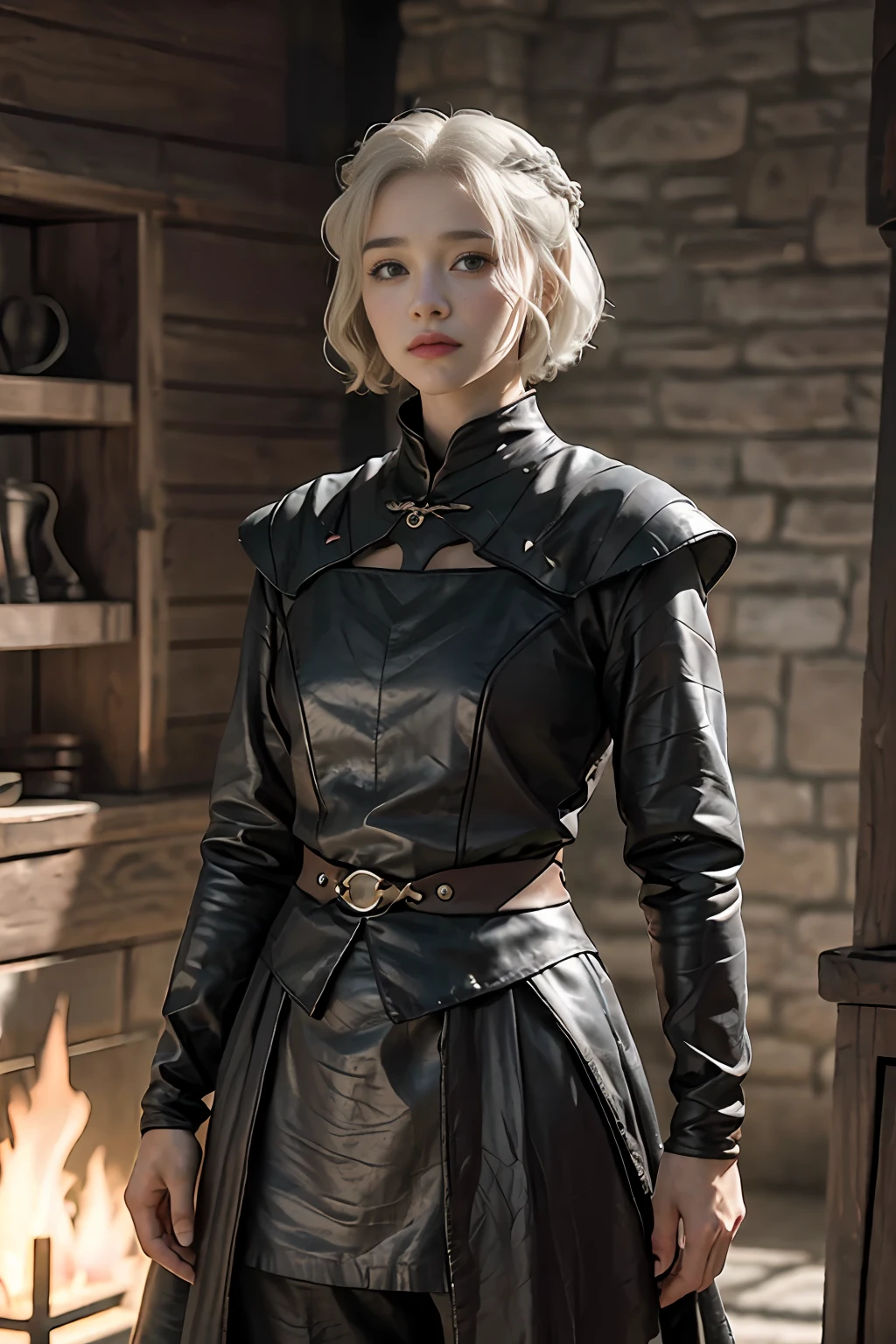 uma mulher jovem com cabelo preto, Estilo Game of Thrones,((corte de cabelo pixie)), medieval, Macho, androgynous, guerreiro de roupas masculinas