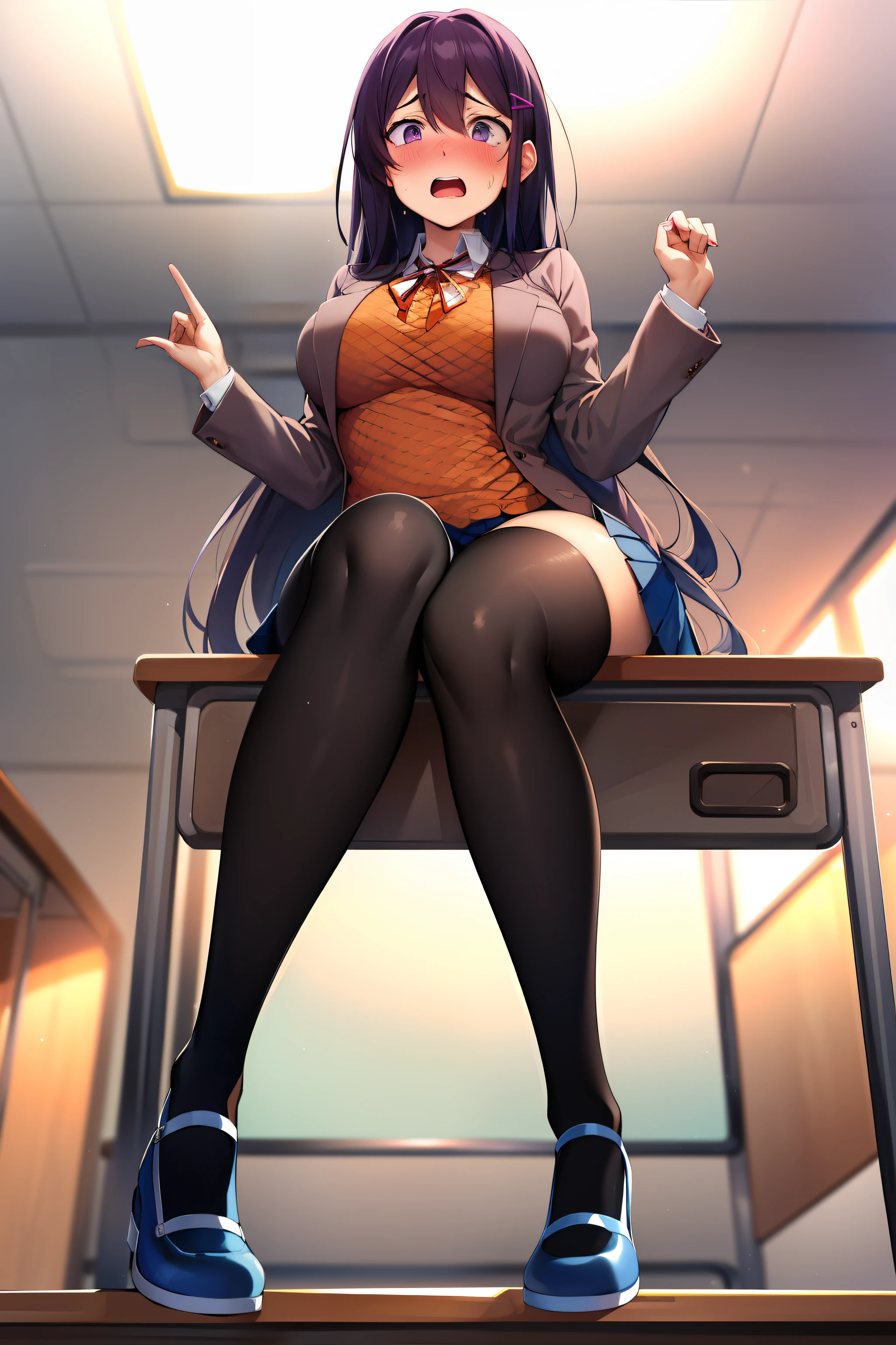 2d, masterpiece, best quality, anime, highly detailed, 1girl, solo, yuri, purple hair, purple eyes, hair between eyes, hairclip, very long hair, school uniform, straight-on, (full body:1.5), (from below:1.5), thick thighs, looking down at viewer, ???????, (large breasts:1.3), field, (looming:1.3), mature female, high quality, hd quality, masterpiece, photorealistic, (presenting foot, shoe soles, close-up foot:1.3), intense angle, :d, (sitting on desk:1.6), very low angle, female pervert, toragao, (sitting:1.5), (white undershirt, orange sweater:1.2), (brown jacket:1.4), (absolute territory, black thighhighs:1.4), (uwabaki:1.5), full body in frame, (classroom, indoors:1.3), clasroom desk, blue skirt, (hand on desk:2), (one hand at side:1.6), (embarrassed, surprised, raised eyebrows:1.6), (sweat:1.2), anime girl sitting on a desk with her legs crossed, hyperrealistic schoolgirl, realistic schoolgirl, a hyperrealistic schoolgirl, seductive anime girl, smooth anime cg art, thighs close up, thighs!!!, beautiful anime girl squatting, commission for high res, large thighs, extremely detailed artgerm, sitting on a desk, on a desk, (hand on chest, resting hand on chest:1.1), (hand at side:1.3), closed mouth, frown, blazer, brown sweater, collared shirt, neck ribbon, blue skirt,