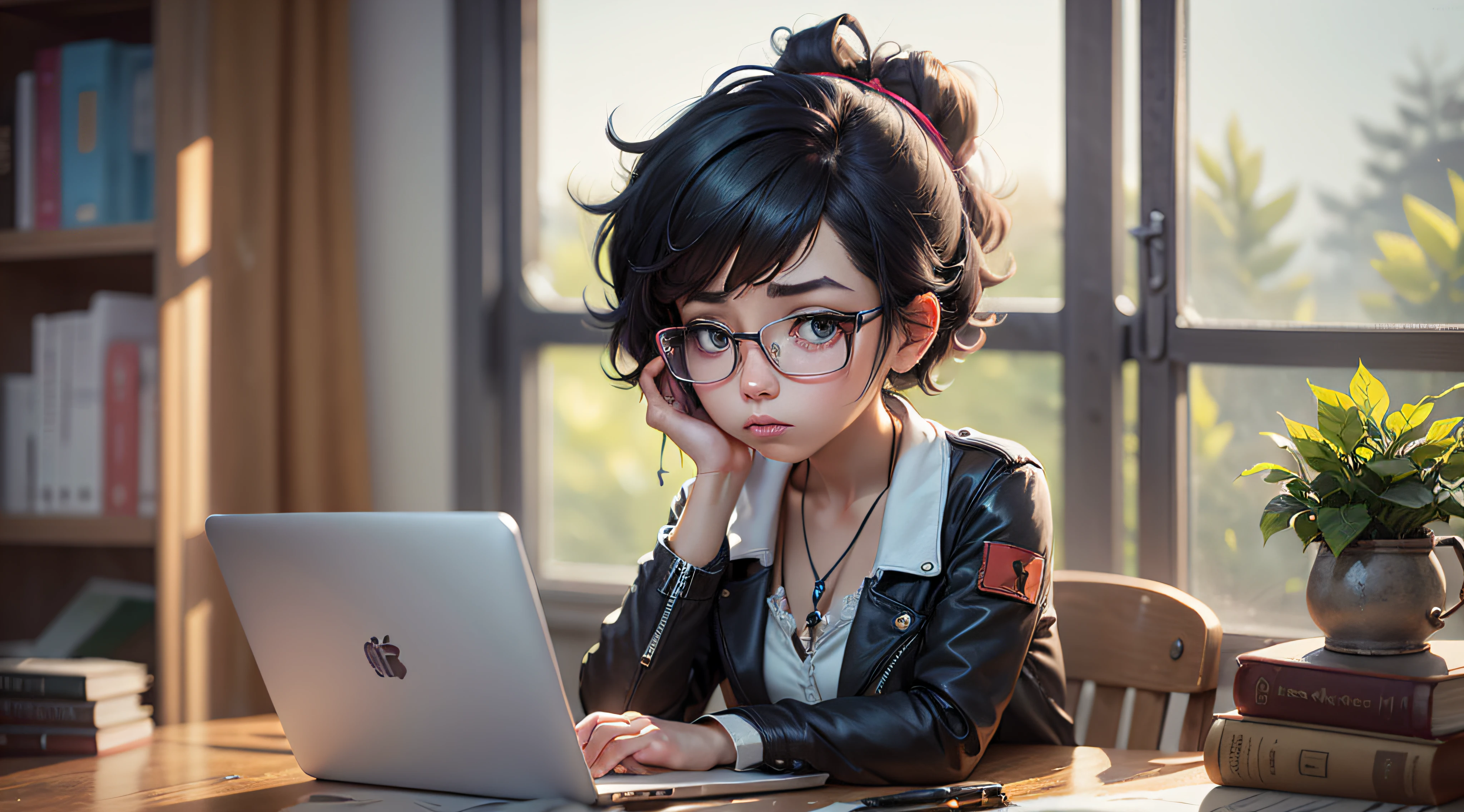 cartoon of a woman sitting at a desk with a laptop, amy sol in the style of, gloomy, madeline from celeste, she has a distant expression, she's sad, looks like a mix of grimes, but a stern look about her, looks a blend of grimes, lunapunk, ashy, rebecca sugar, trending on derpibooru