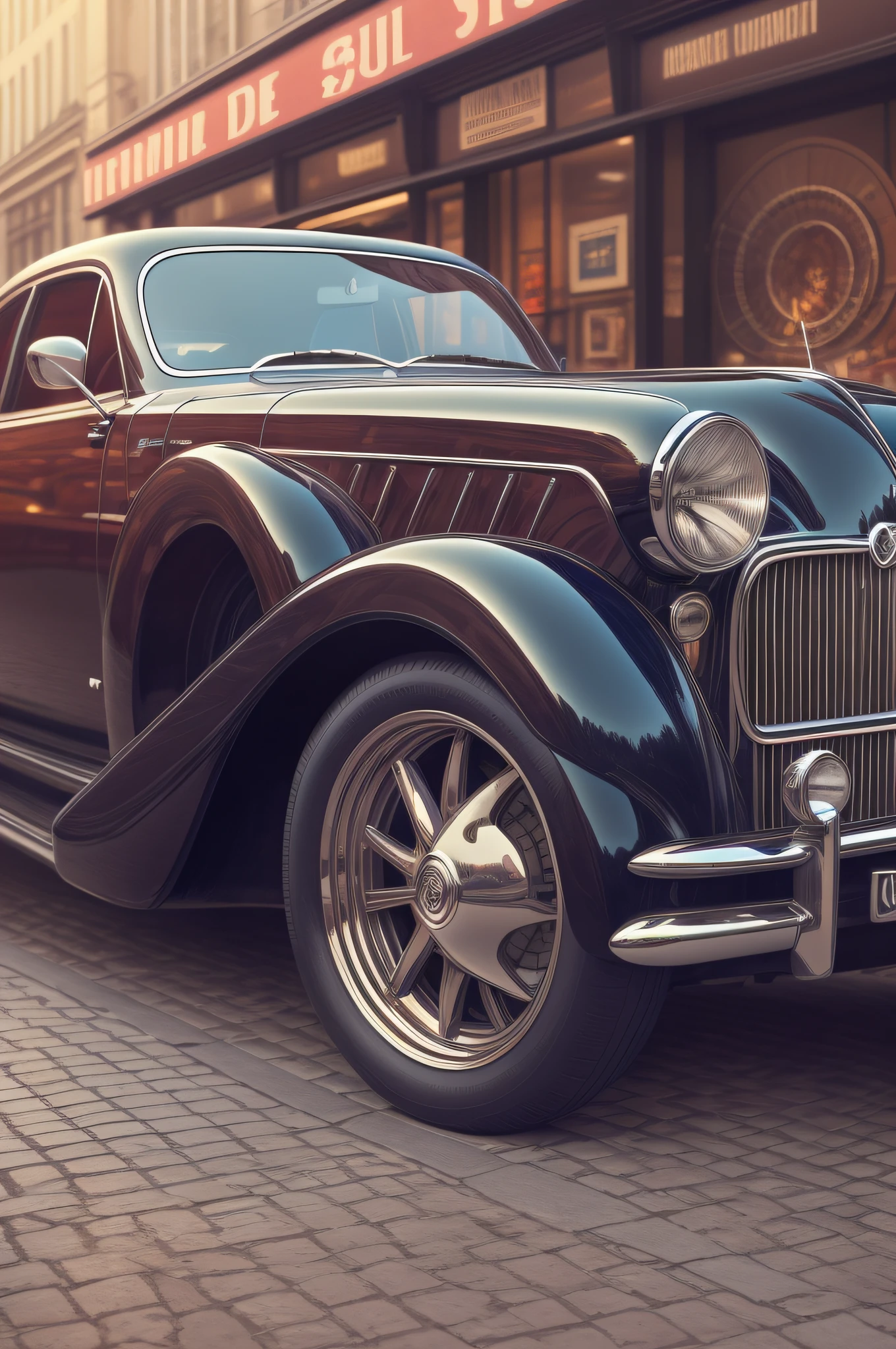 Buick 8 de style Badass Steampunk dans une vieille rue pave, trending on artstation, sharp-focus, Studio photo, detalhes intrincados, altamente detalhado, por greg rutkowski