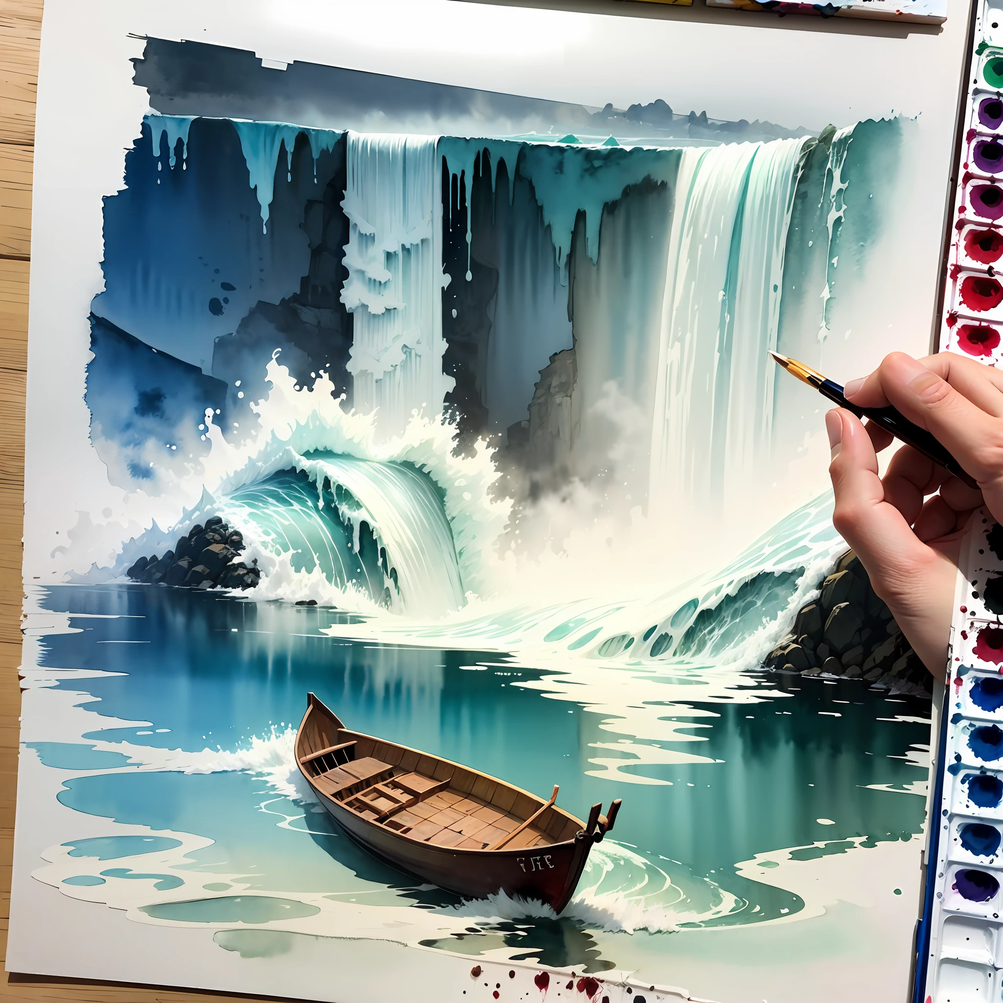 (realistic watercolor sketch:1.2),traditional art, vintage aesthetic,(small boat in the waters),(Niagara Falls),(high saturation:0.9), broad brushstrokes, subdued colors --auto