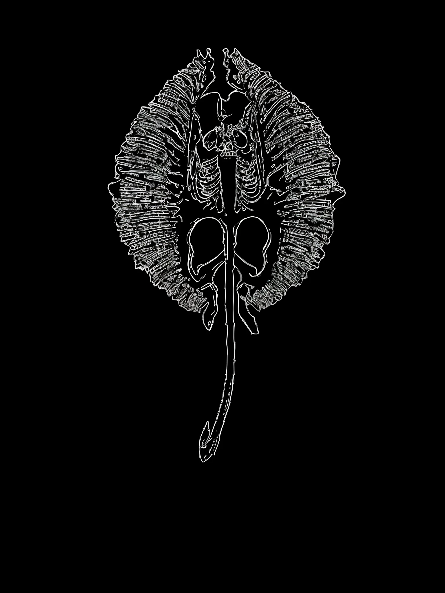 um desenho preto e branco de uma folha com um esqueleto sobre ela, anatomical fractal, logotipo da banda de black metal, mandelbot fractal anatomical, borda, skull design for a rock band, lithoraph engraving, Sigil, inspirado em Earnst Haeckel, Criatura das sombras penumbral, flora estranha, gelatinous symmetrical, simbolismo ortodoxo diesel punk, com menos detalhes