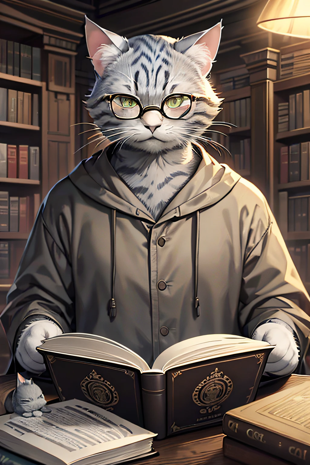 masterpiece, high quality, best quality, beautiful, hd, perfect lighting, ((gray cat)), gray, (elderly), gray beard, (round glasses), reading a book, library c4ttitude