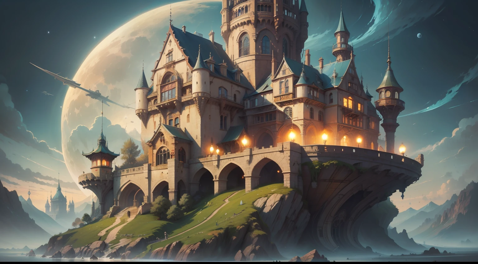 a picture taken from a video game of a castle with a bridge, concept art inspired by Andreas Rocha, Gagnant du concours Artstation, Art fantastique, stylized urban fantasy artwork, Architecture fantastique, Style Andreas Rocha, Fantaisie et concept art, detailed digital 2d fantasy art, Art de style fantastique, Concept Art fantastique, bussiere rutkowski andreas rocha,mongolfiere,jupiter,moon,