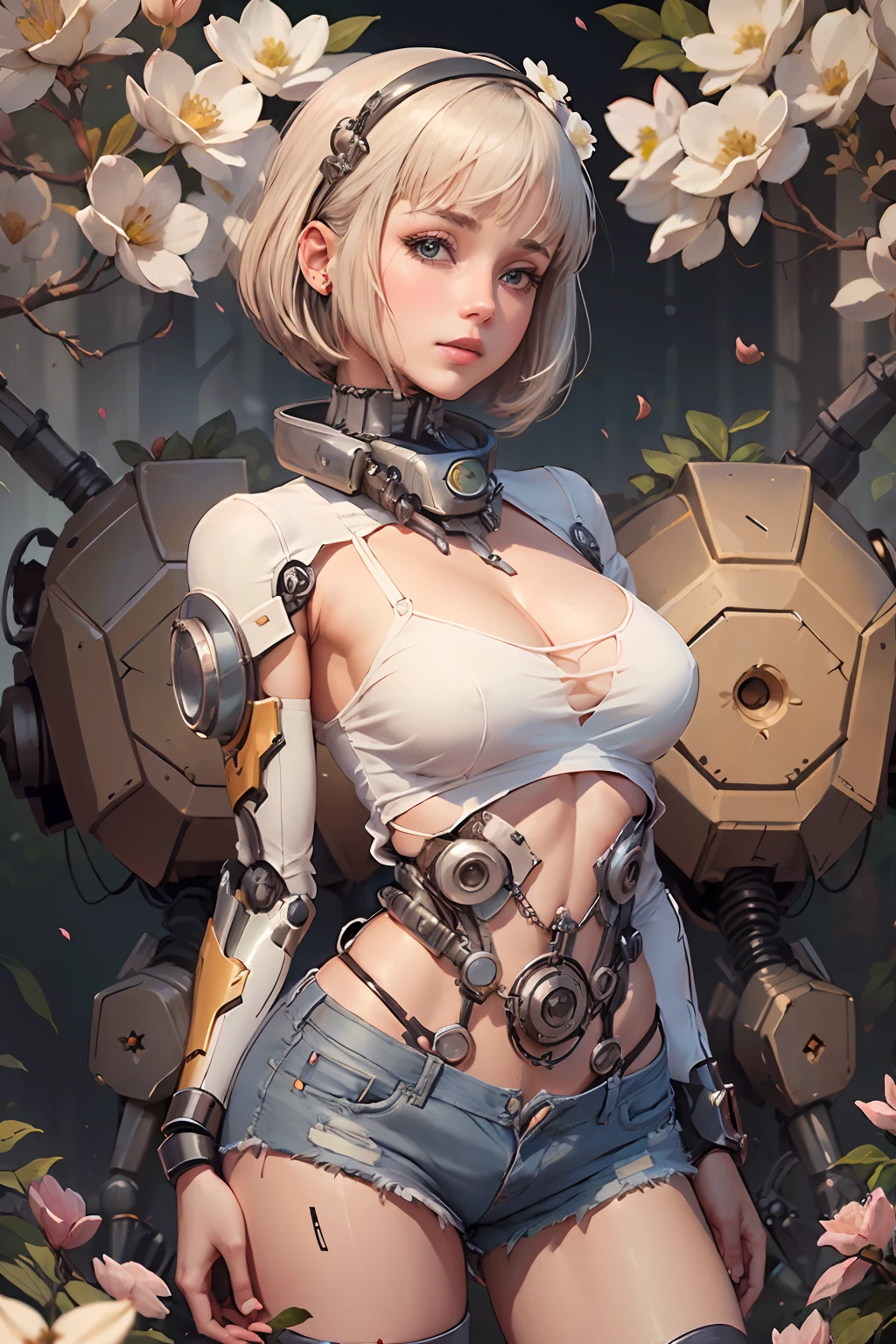 (ReelMech:1.5), pretty 1girl, absurdres, 8K UHD, platinum blonde hair, bob cut, middle breasts,, black tshirt, denim shorts, garden background, Flowers, magnolias, apple tree, close - up portrait