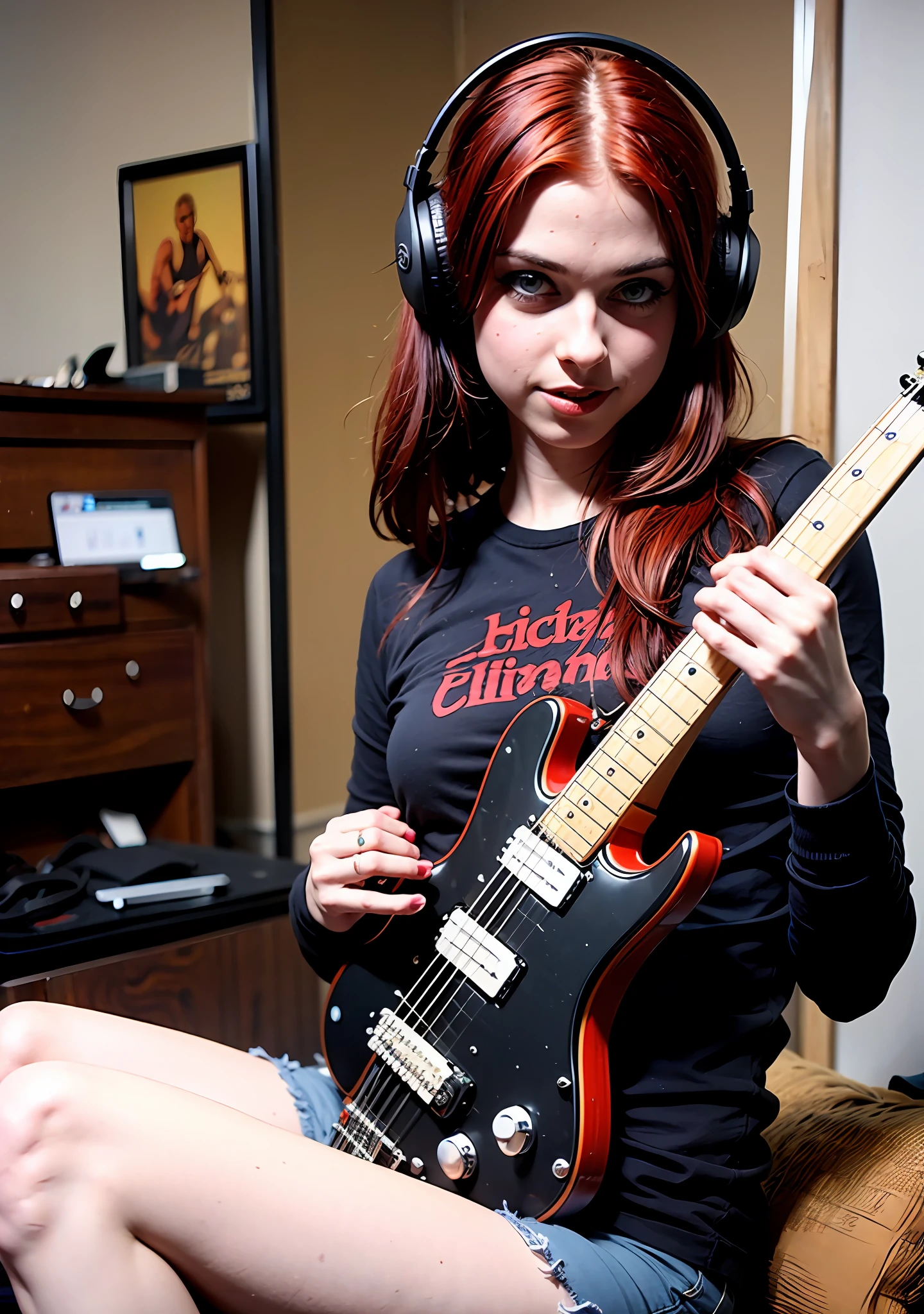 Liz Vicious solo, com olhos azuis e cabelos longos penteados de um lado para cima, is captured in a photo flirting with the camera while holding an electric guitar, usando uma saia preta e saia plissada, while wearing headphones and showing off her mesmerizing red lips.