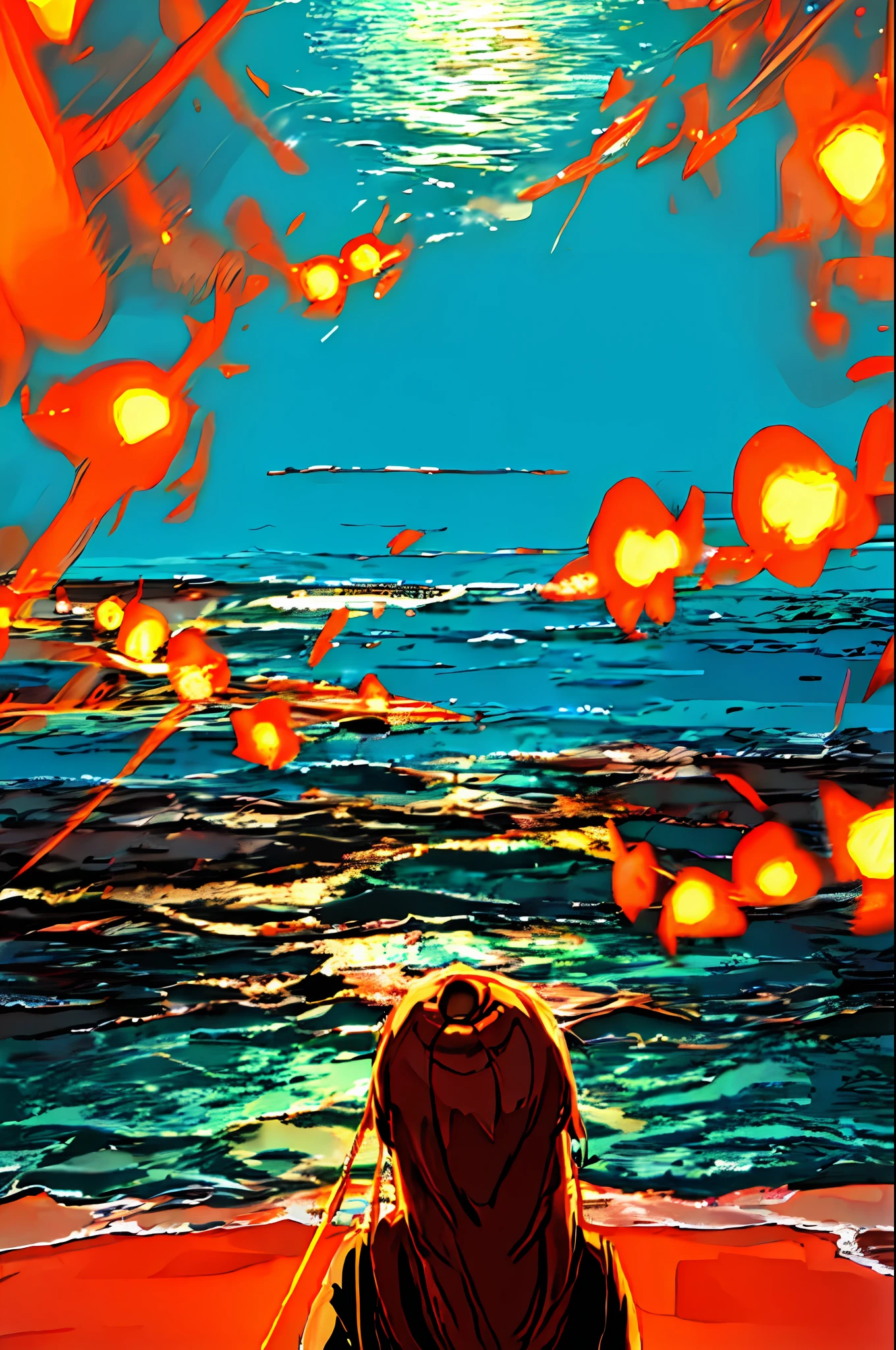A person watching the situation against the background of lights flying around while glowing fantastically from the seaside