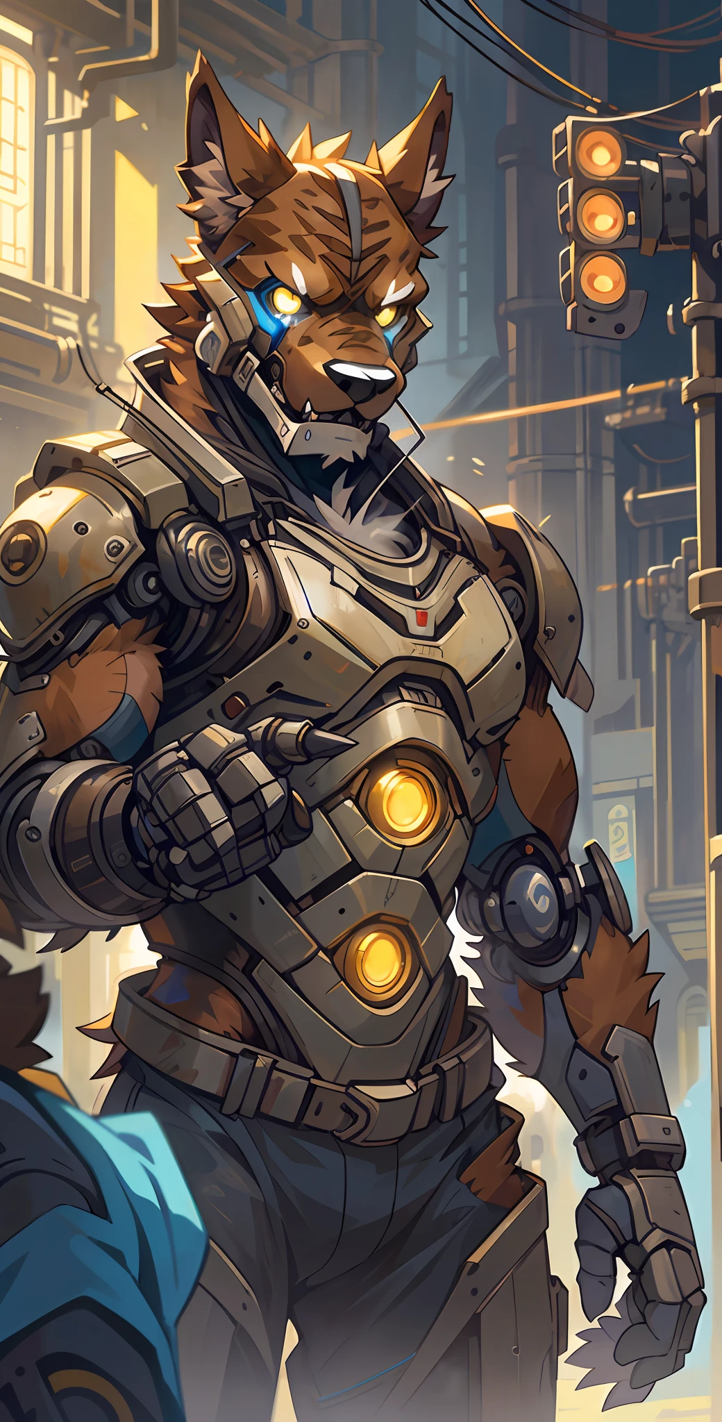 top quality, High-quality illustrations by Johannes Vermeer, masterpiece, Dark_Fantasy, Cyberpunk, steam punk(super handsome boy, single, kemono)Mechanical marvel, Robotic presence, Cybernetic guardian, wearing a worn-out mech suit, intricate(steel metal, rusty)(furry anthro:1.7)(Furry body, dog facial features, dog body features)elegant, clear focus, shot by greg rutkowski, soft lighting, vibrant colors, masterpiece((street))cowboy shot, dynamic pose,