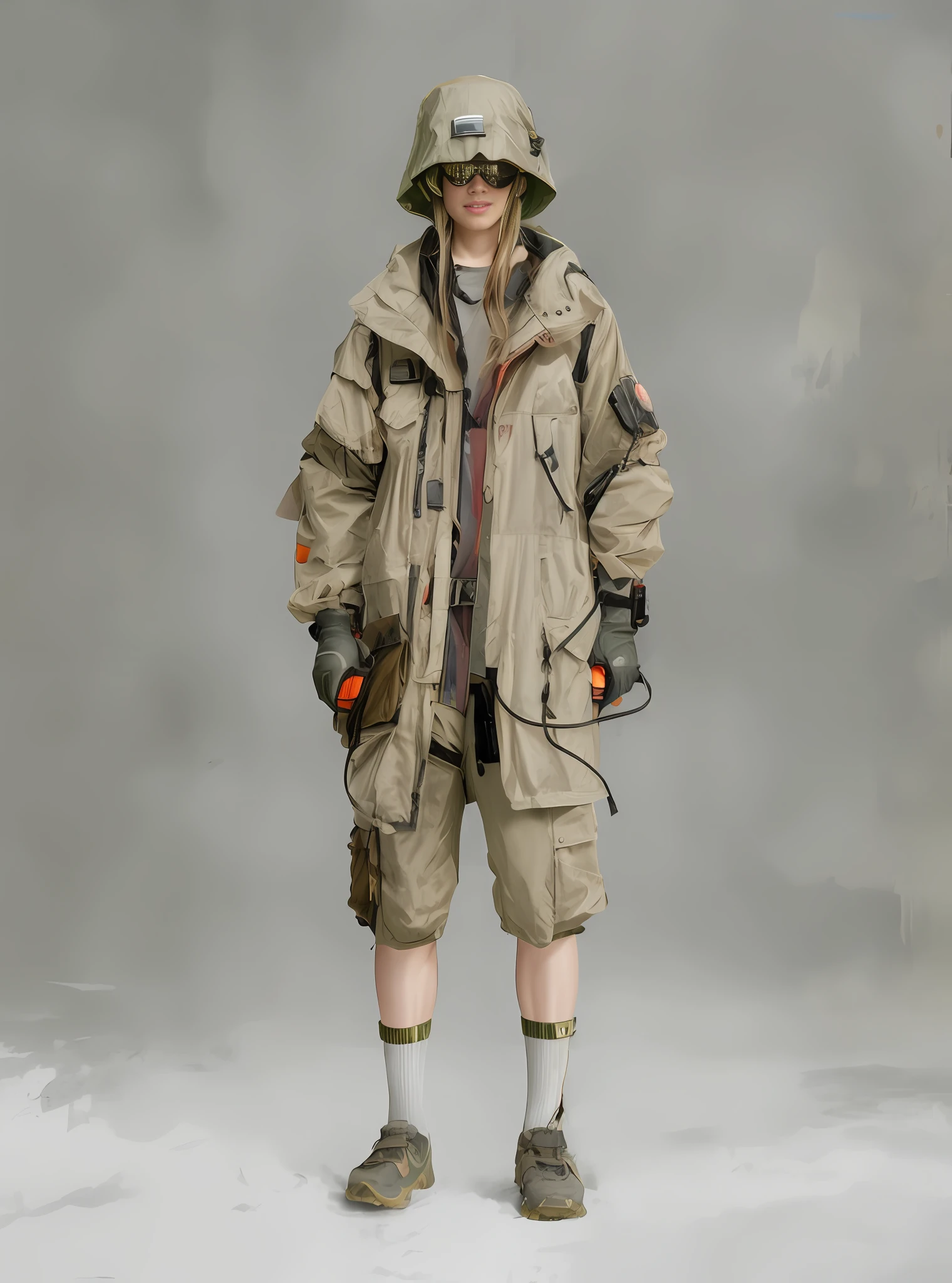 arafed man in a raincoat and knee pads standing in a studio, techwear, postapocalyptic style, wearing japanese techwear, postapocalyptic explorer, future techwear, postapocalyptic vibes, techwear look and clothes, trench coat with many pockets, techwear!! intricate, acronym, 2 techwear women, utltrarealistic, photography --auto