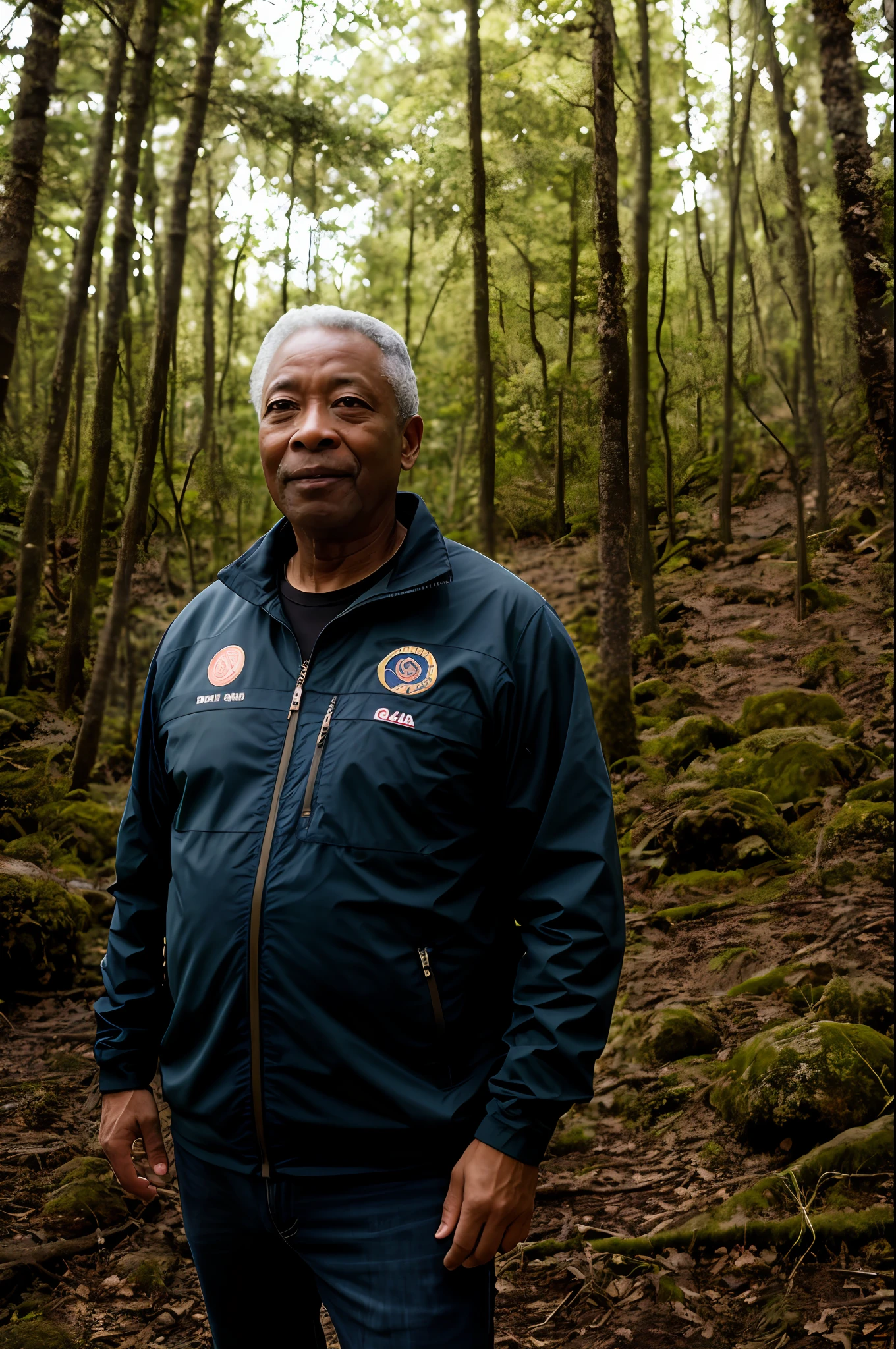 Foto RAW, uma foto retrato de 55 y.o homem, Roupas anos 80, standing in the forest, pele natural, 8k UHD, alta qualidade, filmic grain, F