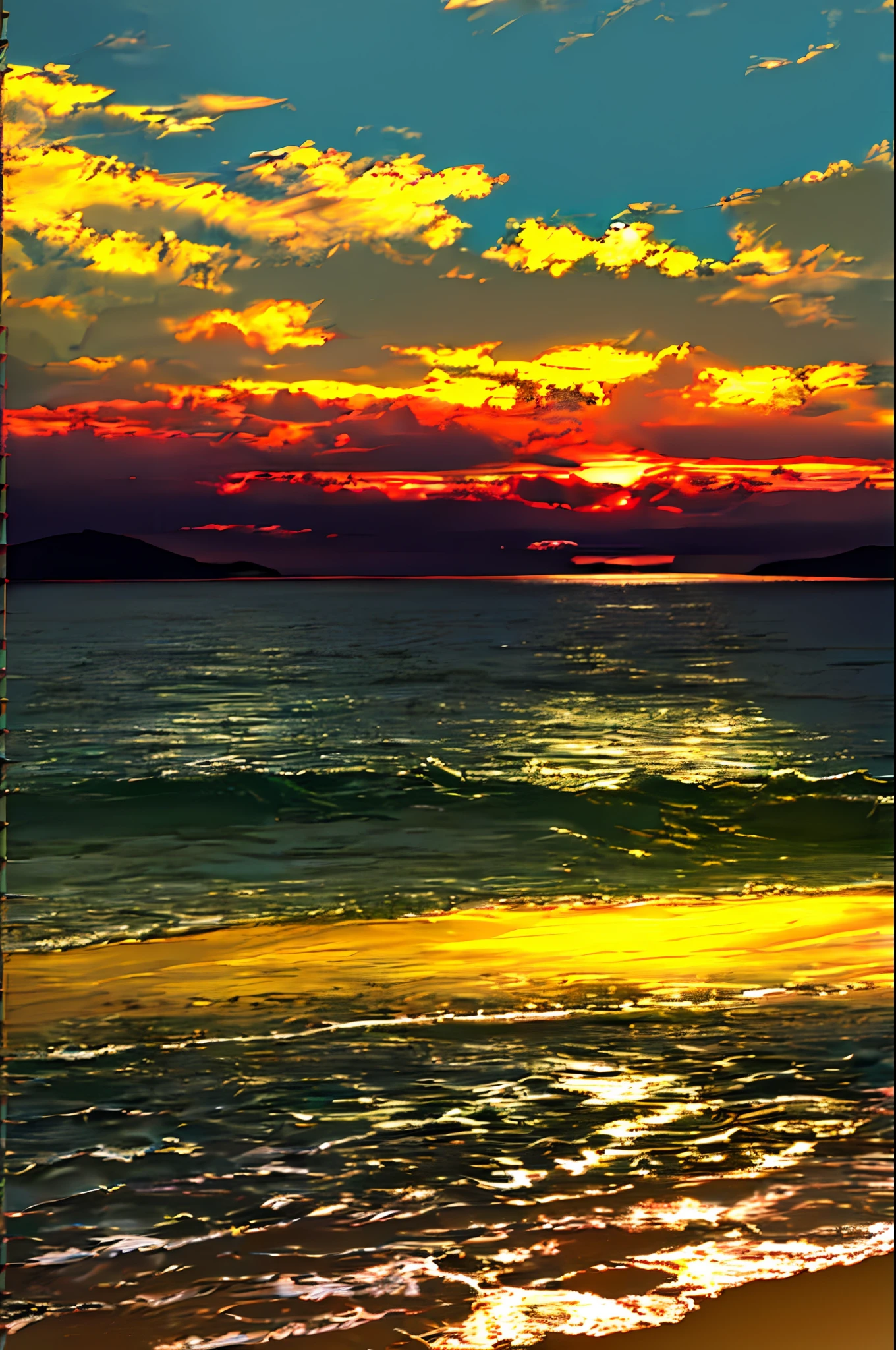 The light of the setting sun reflects fantastically from the seaside and scatters、Boy watching the situation against the background of flying lights