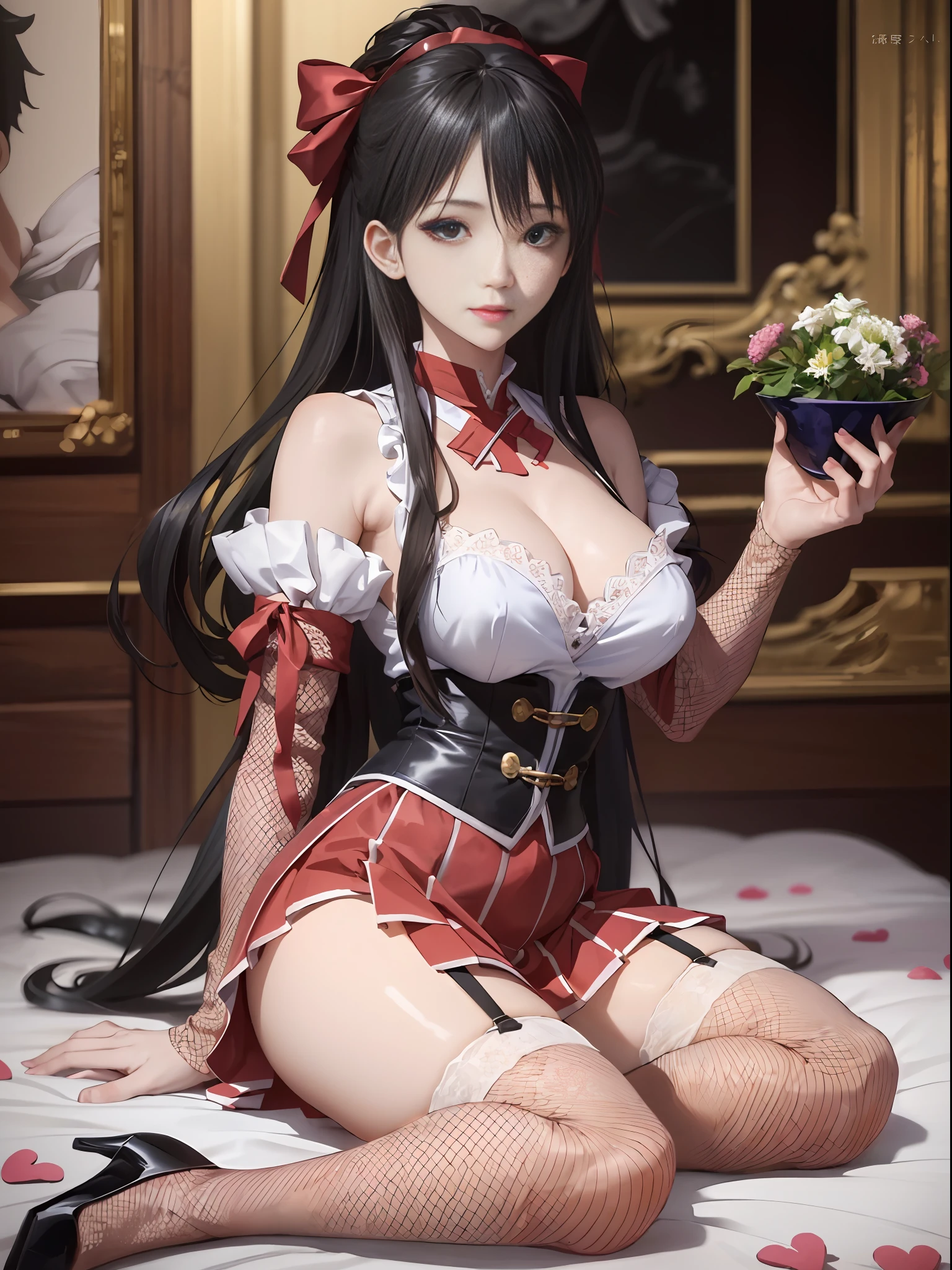 (A masterpice、of the best quality、ultra detaild、high resolucion、absurdist:1.4)、(shiny black hair、Long、Smooth white shiny skin:1.2)、(superfine illustration、extremely detailed CG Unity 8k wallpapers)、1girl、Very cute and beautiful girl。Slender、abdominals、middlebreasts、reddish、aurum、break、(Ren Hao)、(Single fishnet stockings、Single garter strap、Cross Lace Sleeve、Cross Lace Clothing:1.2)、heart、collars、ribbon choker、Ear piercing、break、japanese kimono、gothic ta、Knee-length skirt、break、Background is a hotel in Japan at night、ryokan、Washitsu Background、lightl smile、sitting on、wariza、holding hands between the legs,、ufotable style、anime screen cap、 pink lipsticks、flawless anatomy、Perfect Ratios、Beautiful detailed face、