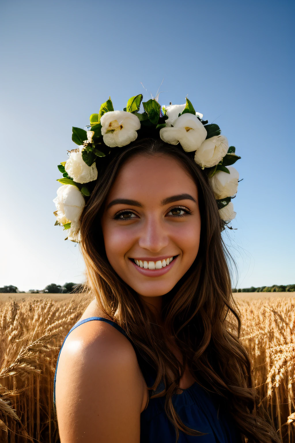 "((Hiper realista, fotorrealista, 8k, detalhes intrincados)) Uma bela jovem mulher, 19 anos, with flowing blond hair, olhos azuis, wearing a wreath of flowers under her head, pele sedosa, rosto com sardas pequenas, usando um vestido branco claro, and walking through a wheat field smiling (mostrando dentes) (smooth volumetric lighting).