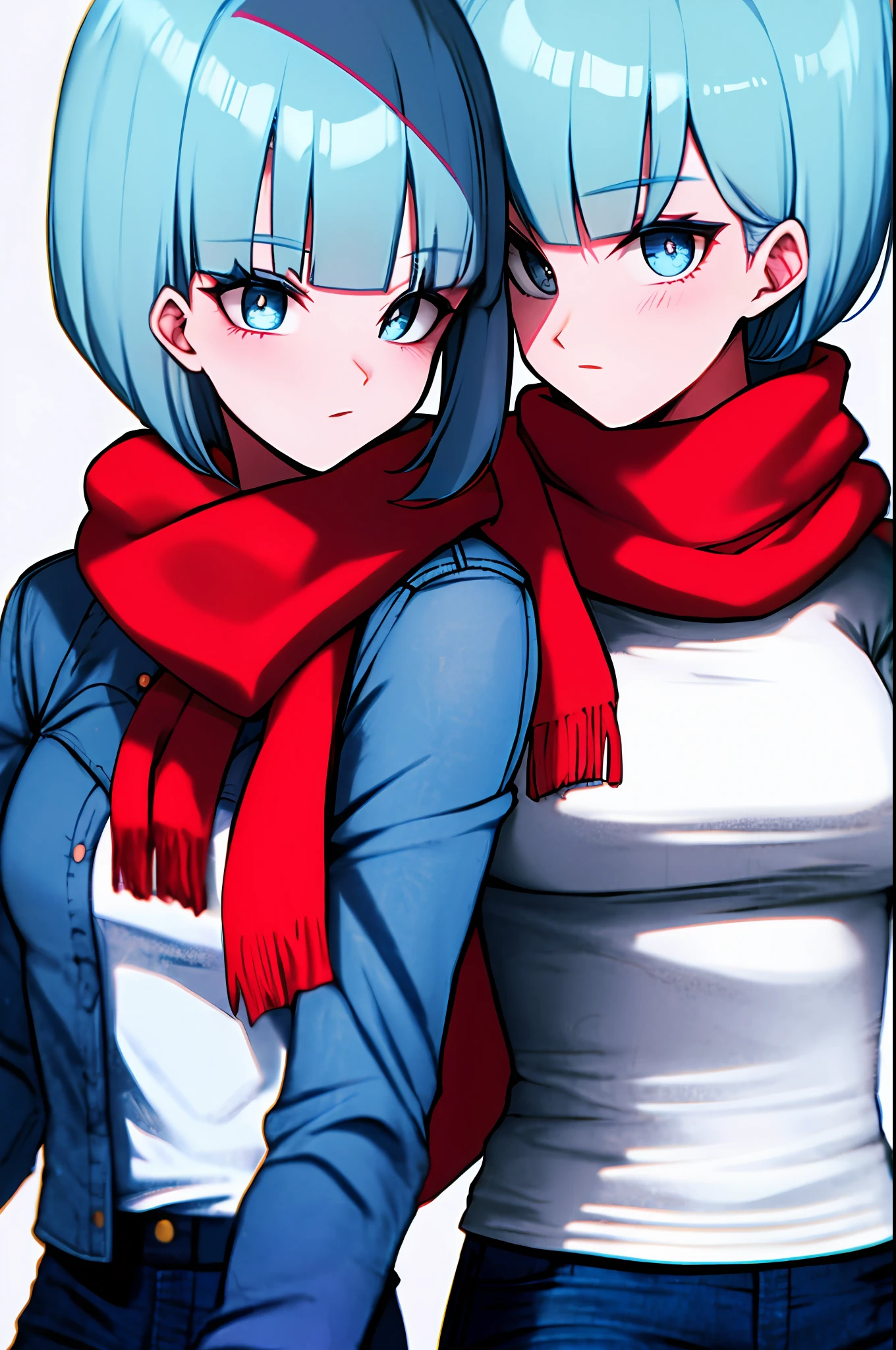 Bulma, Cabelo azul, Red scarf on neck, camisa branca, Blue jeans