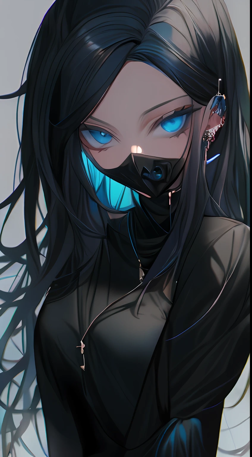 re-l from ergo proxy, black hair, pale skin, blue eys, blue eye shadow, gothic cyberpunk, looking straight, looking at camera, adult woman, 1girl, solo, blue eyes, black hair, long hair, jewelry, looking at viewer, earrings, closed mouth, simple background, upper body, breasts, grey background, zipper