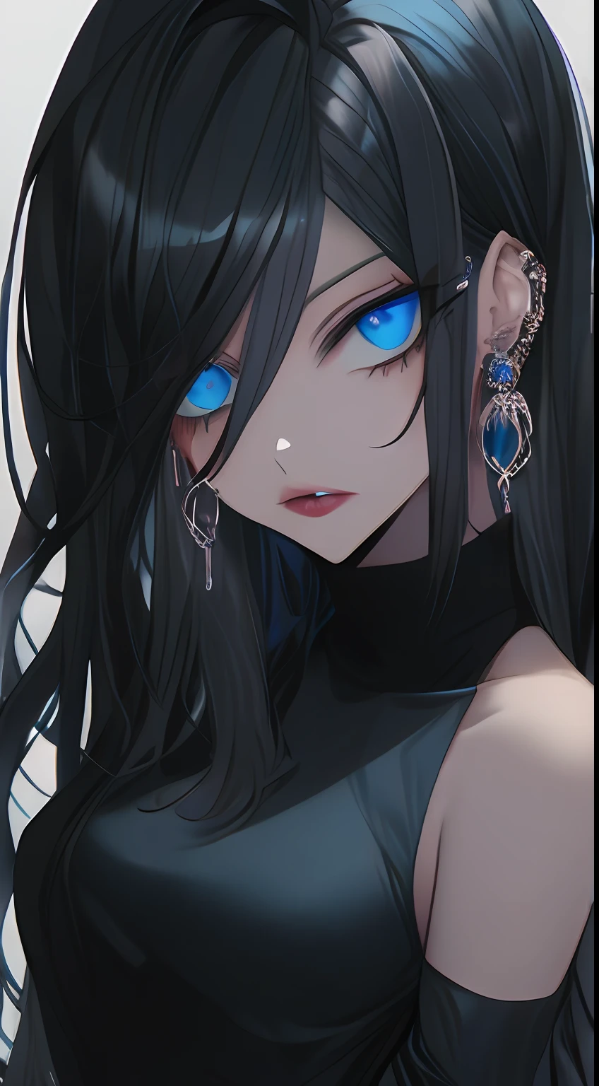 re-l from ergo proxy, black hair, pale skin, blue eys, blue eye shadow, gothic cyberpunk, looking straight, looking at camera, adult woman, 1girl, solo, blue eyes, black hair, long hair, jewelry, looking at viewer, earrings, closed mouth, simple background, upper body, breasts, grey background, zipper