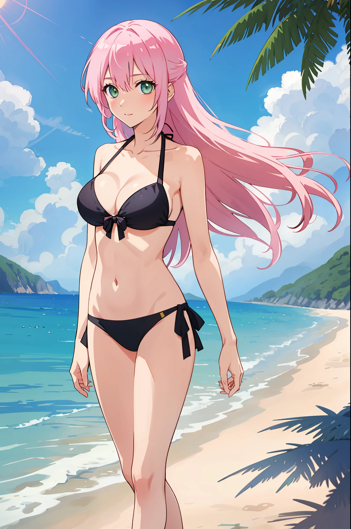 shikimori, medium , slim legs, , side tie bikini, sunny day, Beach, standing, beautiful eyes, green eyes, nervous