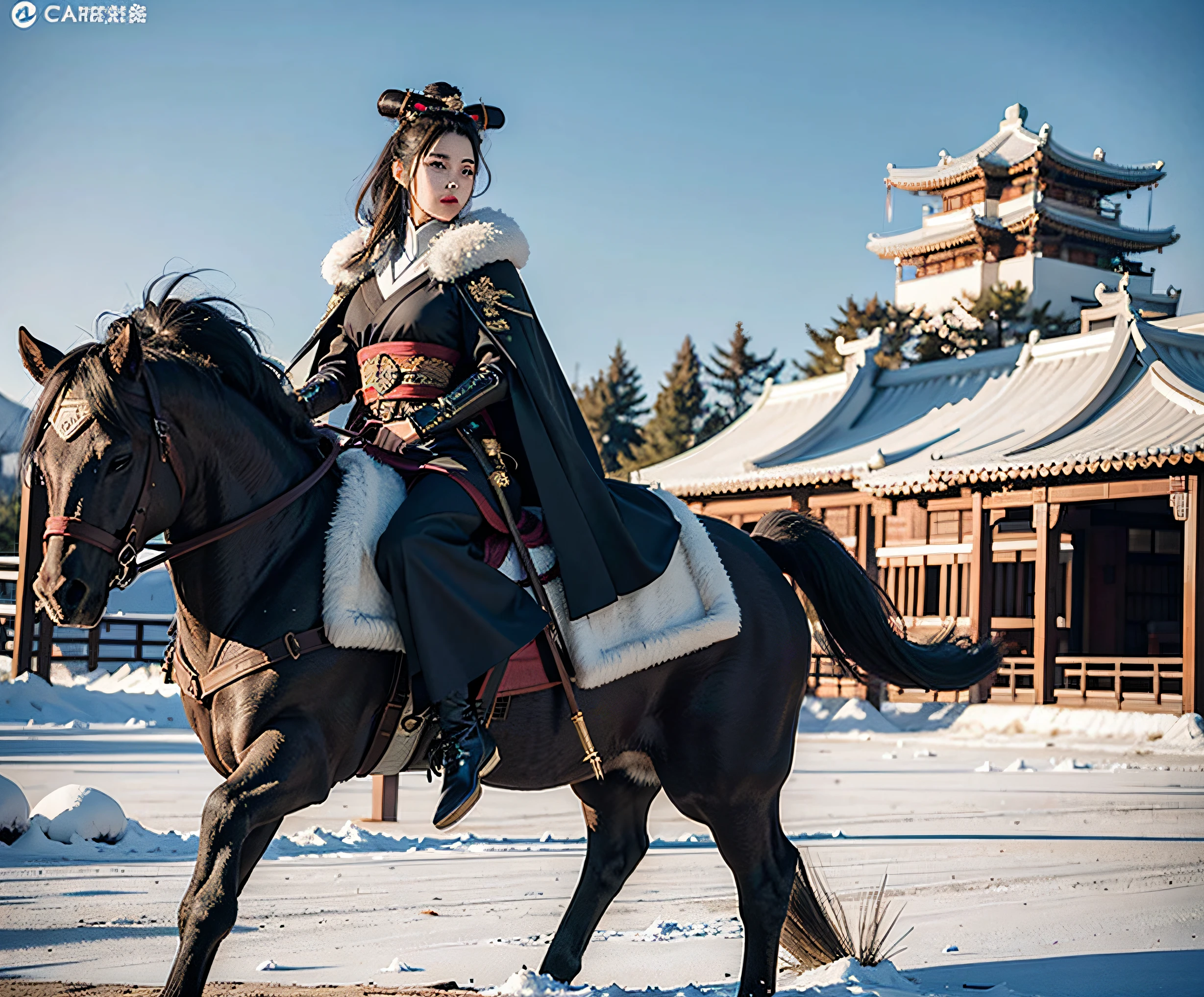 1girl dress like move The Flying Swords of Dragon Gate, like Zhao Jin mai,big_breasts, bamboo_hat,long legs, black_linen_clothes,furry_cape,furry_cloak,  furry_coat,  horseback_riding, horse, Ancient Chinese fortresses background, city walls, desert, snow, outdoors, realistic, masterpiece, best quality, photorealistic,full body shot, vanishing point, Ultra-Wide Angle, negative space, 8k, super detail