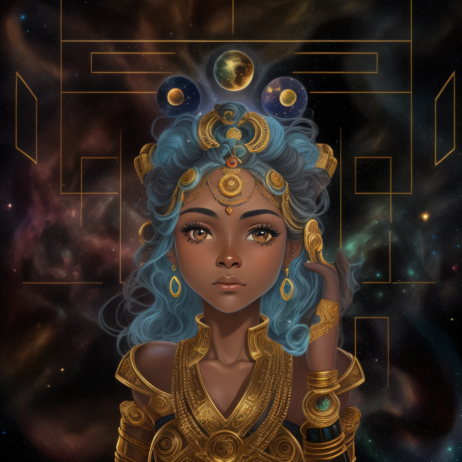 dark skin, cute nose, gold and blue hair, goddess of space and time