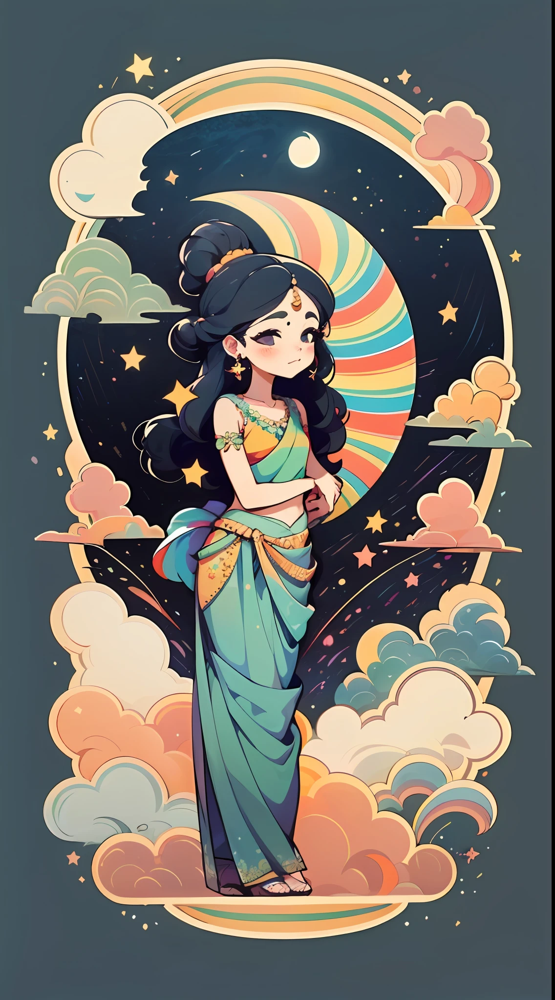 1 sticker, sticker, (cute woman), (gorgeous saree), (gorgeous indian traditional hair accessory), (indian traditional hairstyle), diwali fireworks, clouds, behind is a huge round moon, stars, white background, no background, simple background, minimal, cute, tiny, pastel color, vector style, no gradient