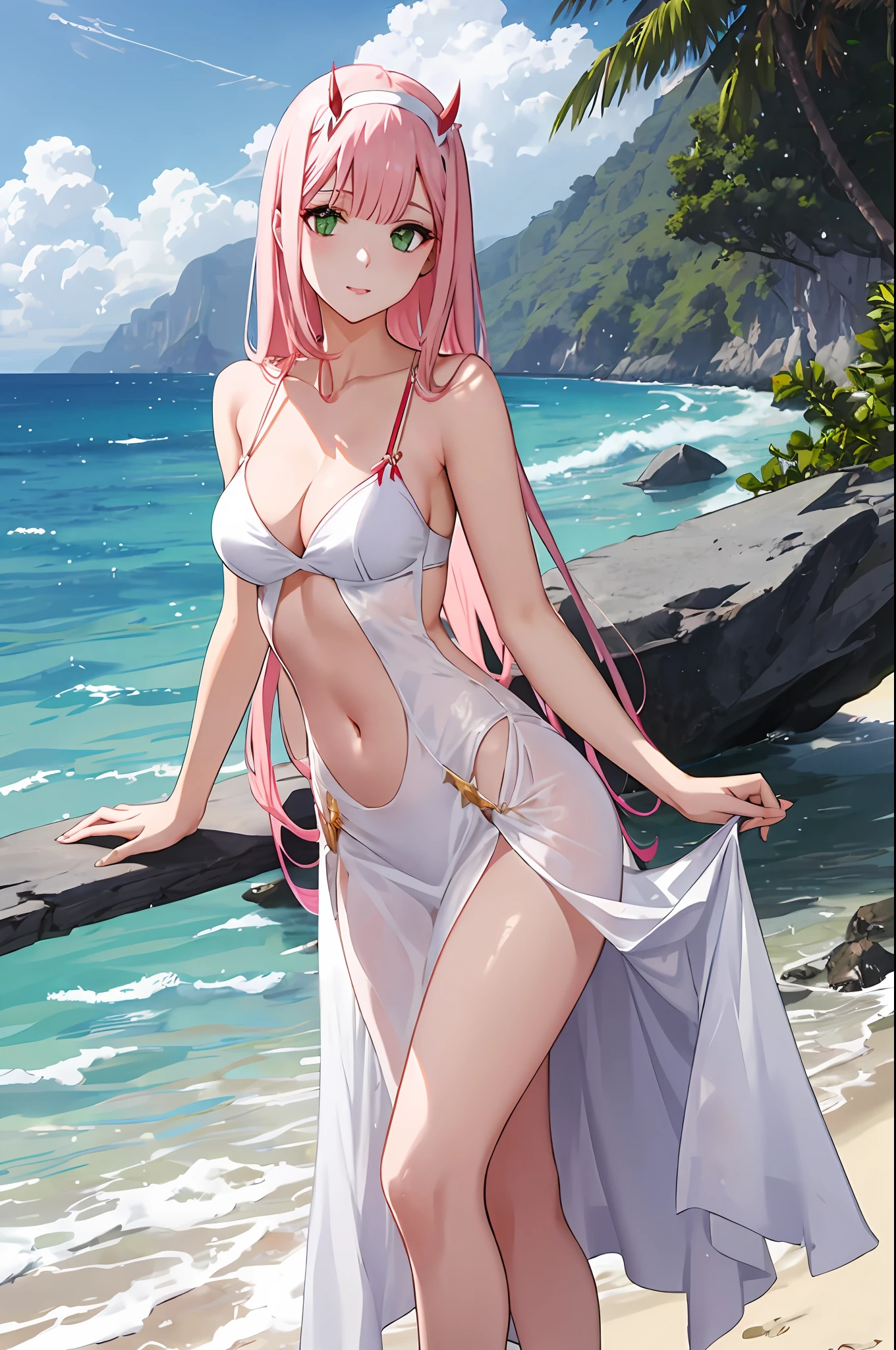 zero two, white gown, medium breast, navel, slim legs, sunny day, Beach, leaning, beautiful eyes, green eyes, nervous