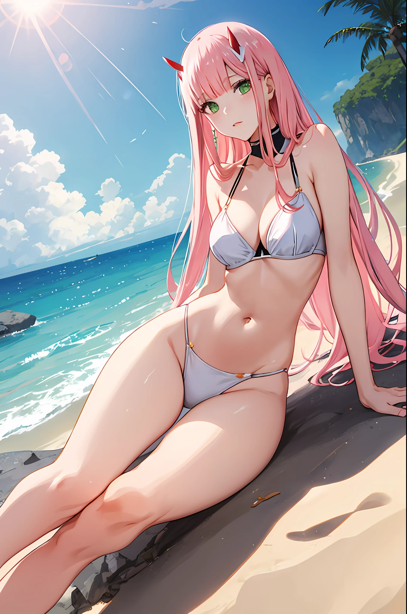 zero two, white gown, medium breast, navel, slim legs, sunny day, Beach, leaning, beautiful eyes, green eyes, nervous