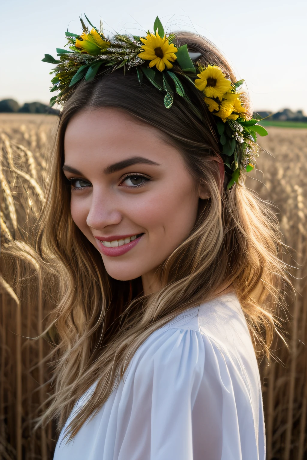"((Hiper realista, fotorrealista, 8k, detalhes intrincados)) Uma bela jovem mulher, 19 anos, with flowing blond hair, olhos azuis, wearing a wreath of flowers under her head, pele sedosa, rosto com sardas pequenas, usando um vestido branco claro, and walking through a wheat field smiling (mostrando dentes) (smooth volumetric lighting).