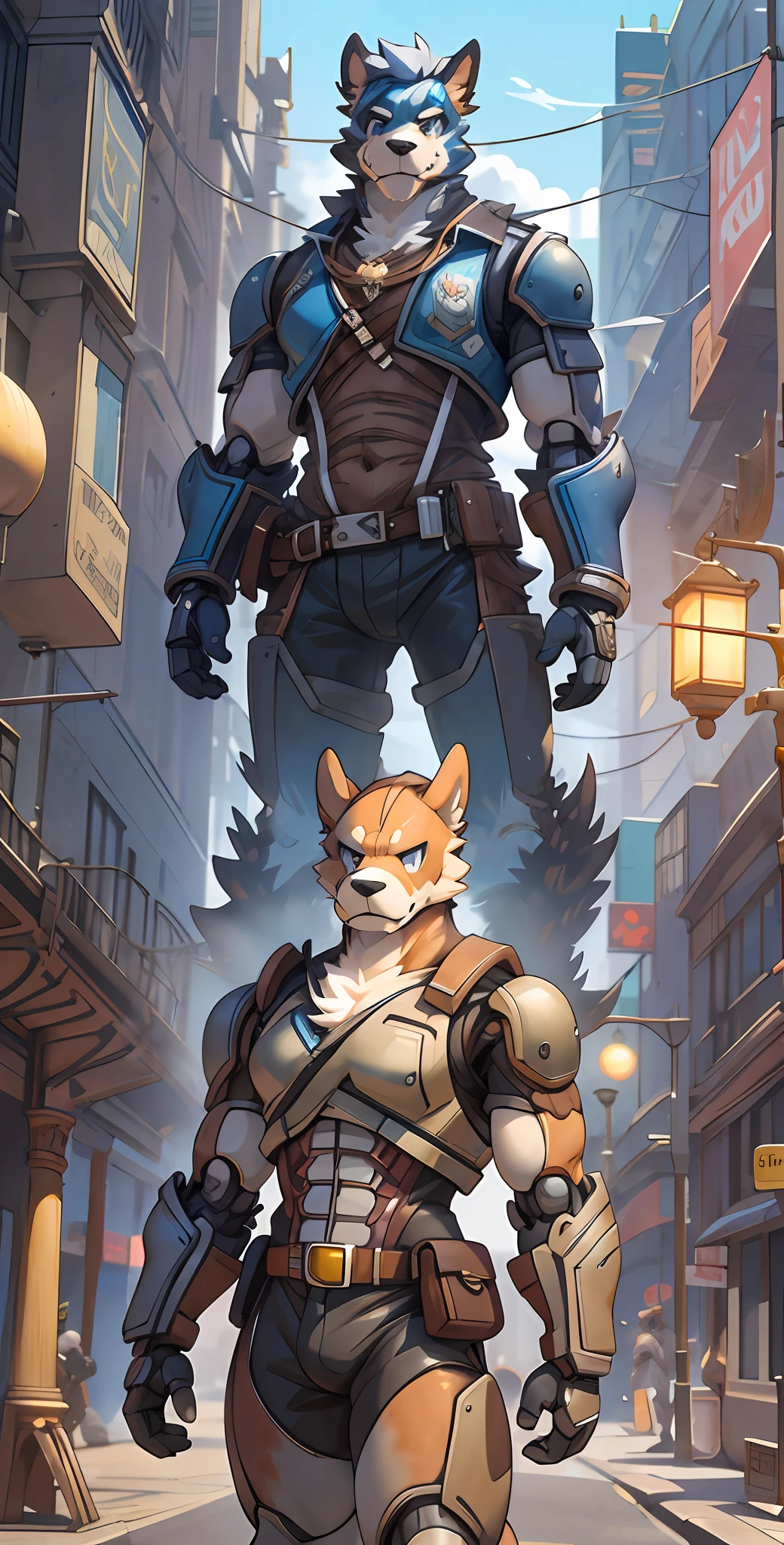 top quality, High-quality illustrations by Johannes Vermeer, masterpiece, Dark_Fantasy, Cyberpunk, steam punk(super handsome boy, single, kemono)Mechanical marvel, Robotic presence, Cybernetic guardian, wearing a worn-out mech suit, intricate(steel metal, rusty)(furry anthro:1.7)(Furry body, dog facial features, dog body features)elegant, clear focus, shot by greg rutkowski, soft lighting, vibrant colors, masterpiece((street))cowboy shot, dynamic pose,