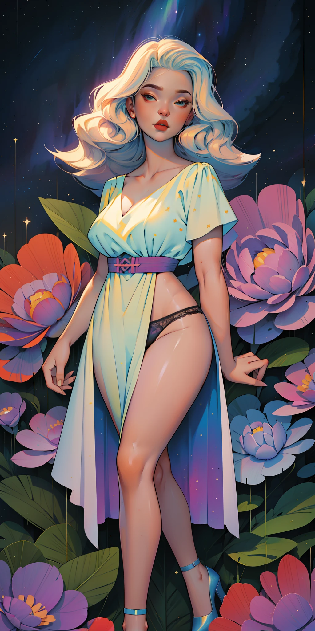 queen, a goddess, A glorious sunrise, aura, glow, multi-colored bright aurora borealis, Spectrum Rainbow,Colored feathers, In a chic, lavender white mint hair, pastel, mixed-language_SMS, (beautiful and clear background:1.2),, fantastic paintings , olhos altamente detalhados, crystals, outer space, galaxy, Gorgeous hair, Background Flora Peony, poppy, hydrangea, Plants. Loving. Love. ultra detailed hair, Best Quality, hig quality, high resolucion, detail enhancement, ((most beautiful image in the world)), Masterpiece, Best Quality, High Quality Detail Enhancement, ((most beautiful image ), Shiny hair, Ultra chic lace panties, Stampa Flores, art by stjepan sejic, art by j scott campbell, art by guillem march, art by citemer liu, 4k, high resolucion, comic book character, comic, high quality detailed, style of ::2.0 comix illustration style,tatoon style, hig quality, high resolucion, detail enhancement, 8K, HD, Best Quality, hig quality, high resolucion, detail enhancement, 8K, HDR, Sharp focus, Ultra Detailed, perfect lighting, Curvy Body, Lush big breasts, Curvy big hips, On Bed, high heels,, sparks, Stars, The Cycle of the Stars