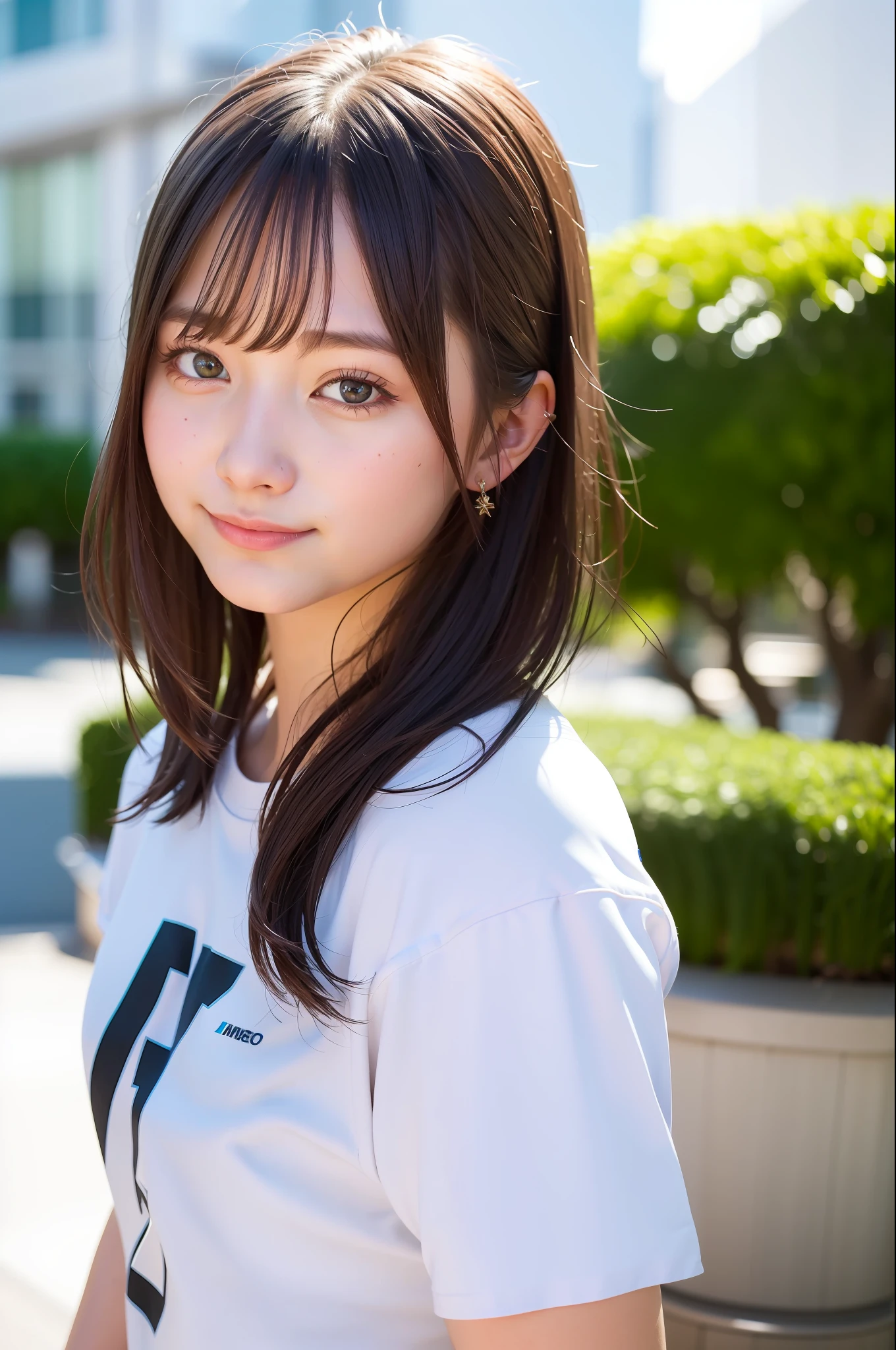 (8K, 4K, Best Quality, High Definition, Ultra High Definition: 1.1), (Masterpiece, Realistic, Photorealistic: 1.1), One Girl, Japan Person, Cute, College Student, Black Hair Short, White Short Sleeves, Background Blur, Light Clothing