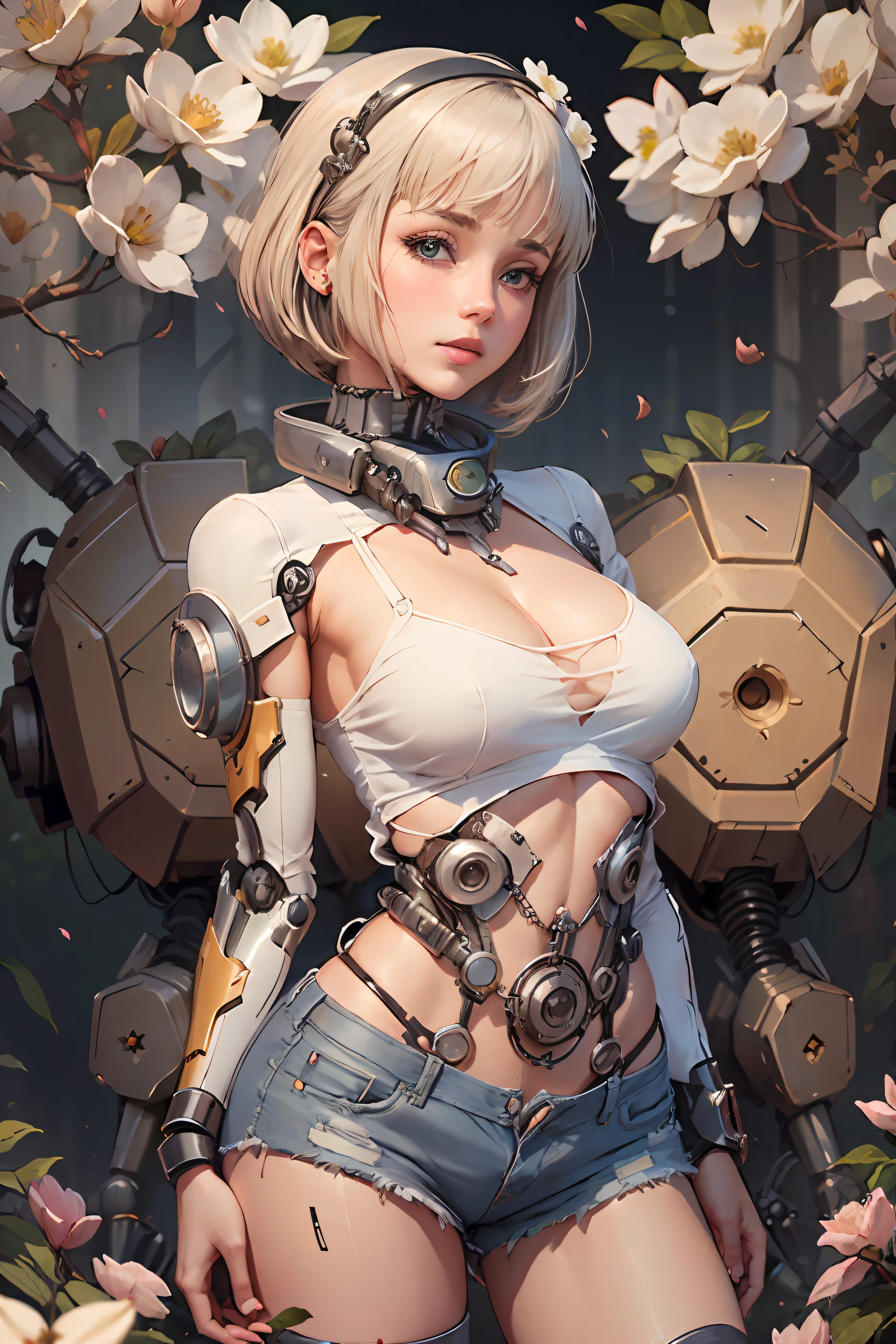 (ReelMech:1.5), pretty 1girl, absurdres, 8K UHD, platinum blonde hair, bob cut, middle breasts,, black tshirt, denim shorts, garden background, Flowers, magnolias, apple tree, close - up portrait