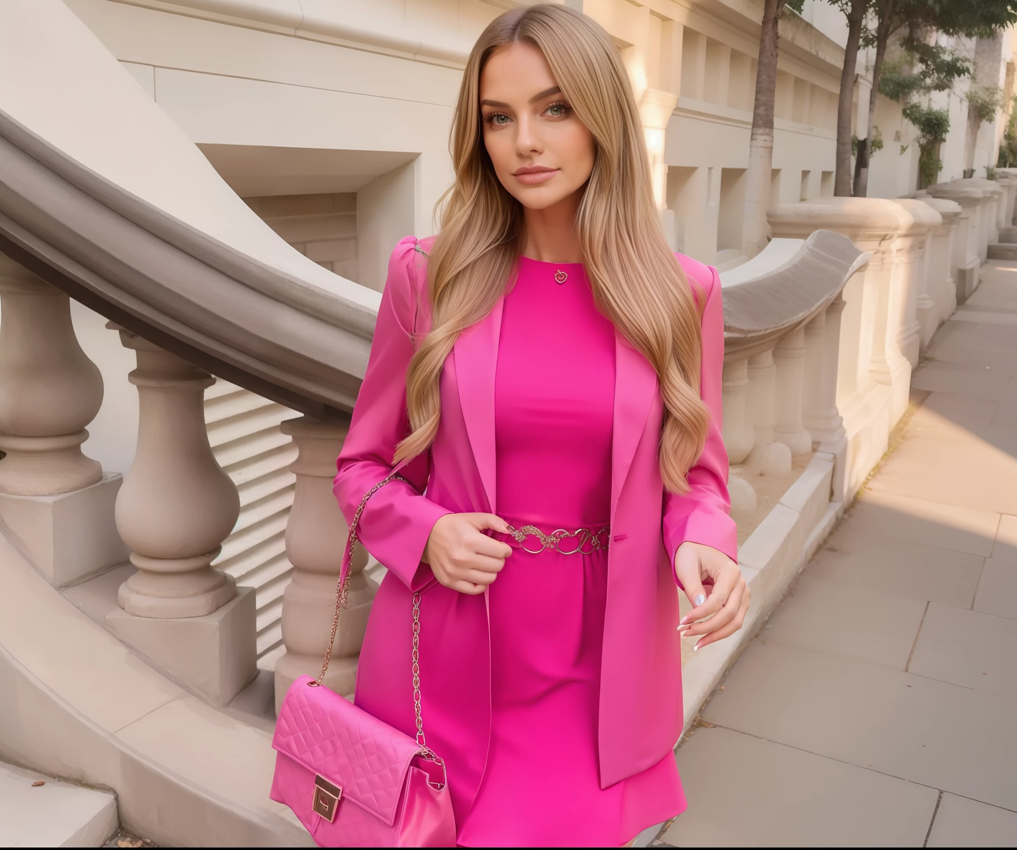 Mulher loira vestida com roupa rosa em uma rua
